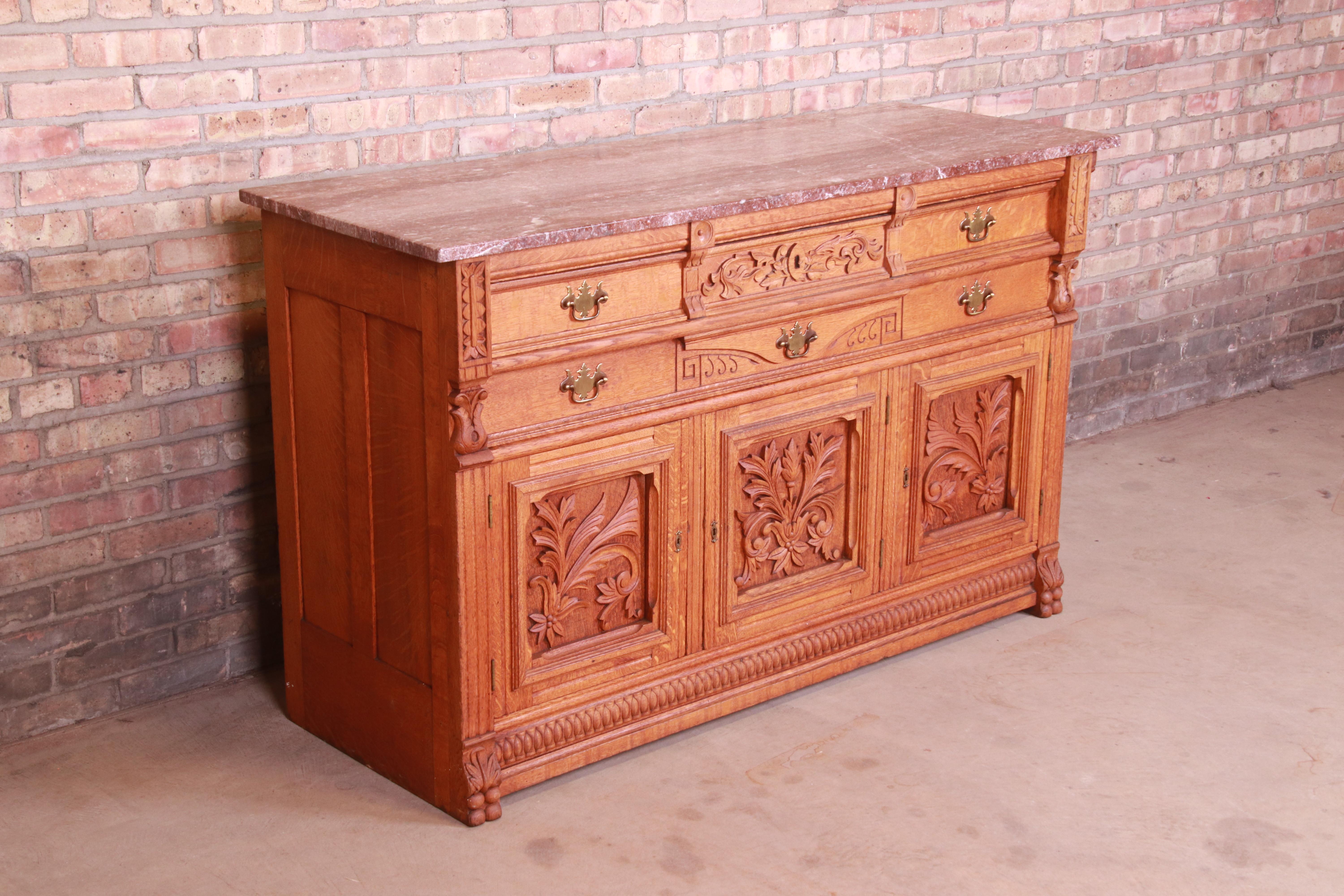 19th Century Antique Carved Oak Marble Top Sideboard Attributed to Horner, circa 1890s