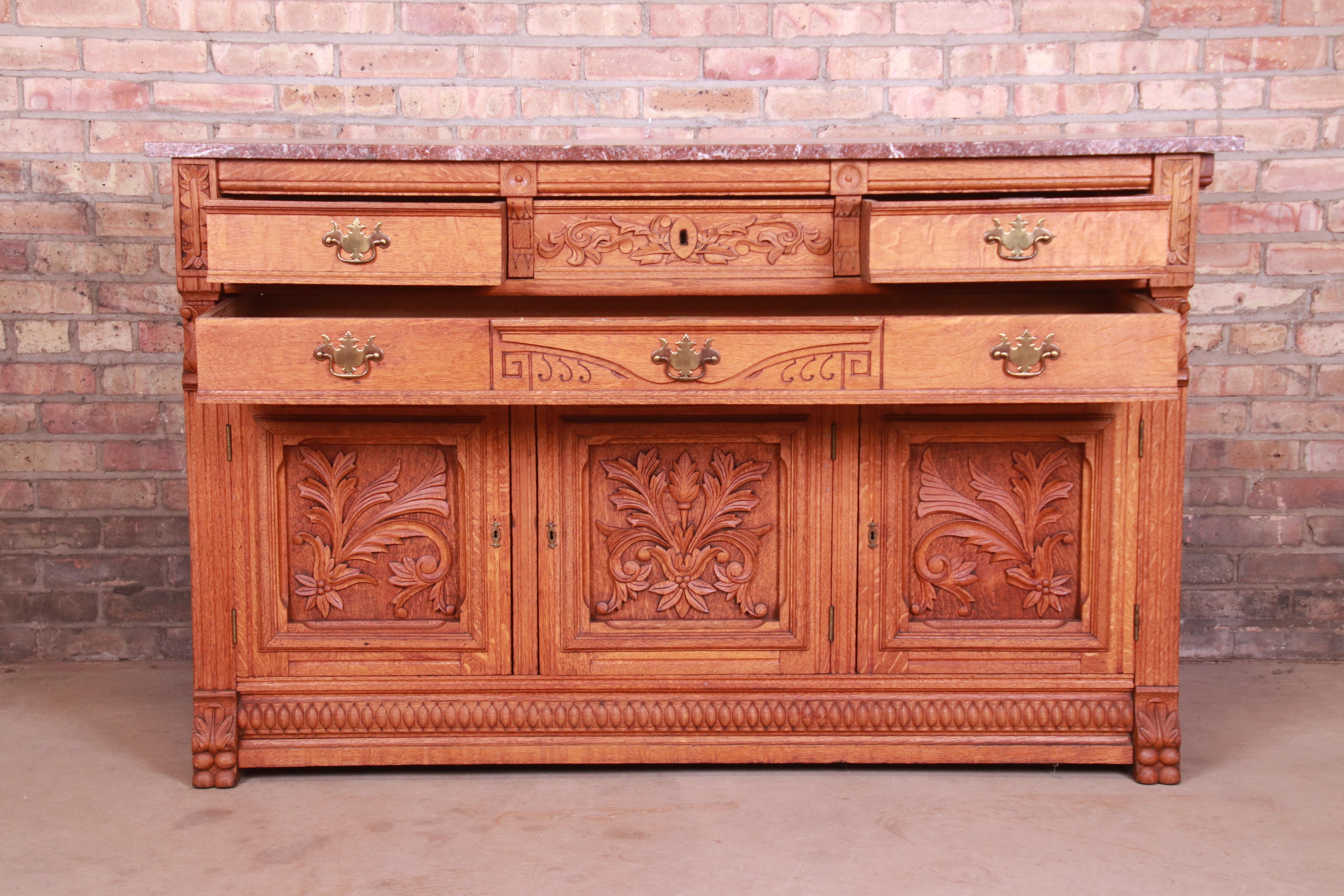 Brass Antique Carved Oak Marble Top Sideboard Attributed to Horner, circa 1890s