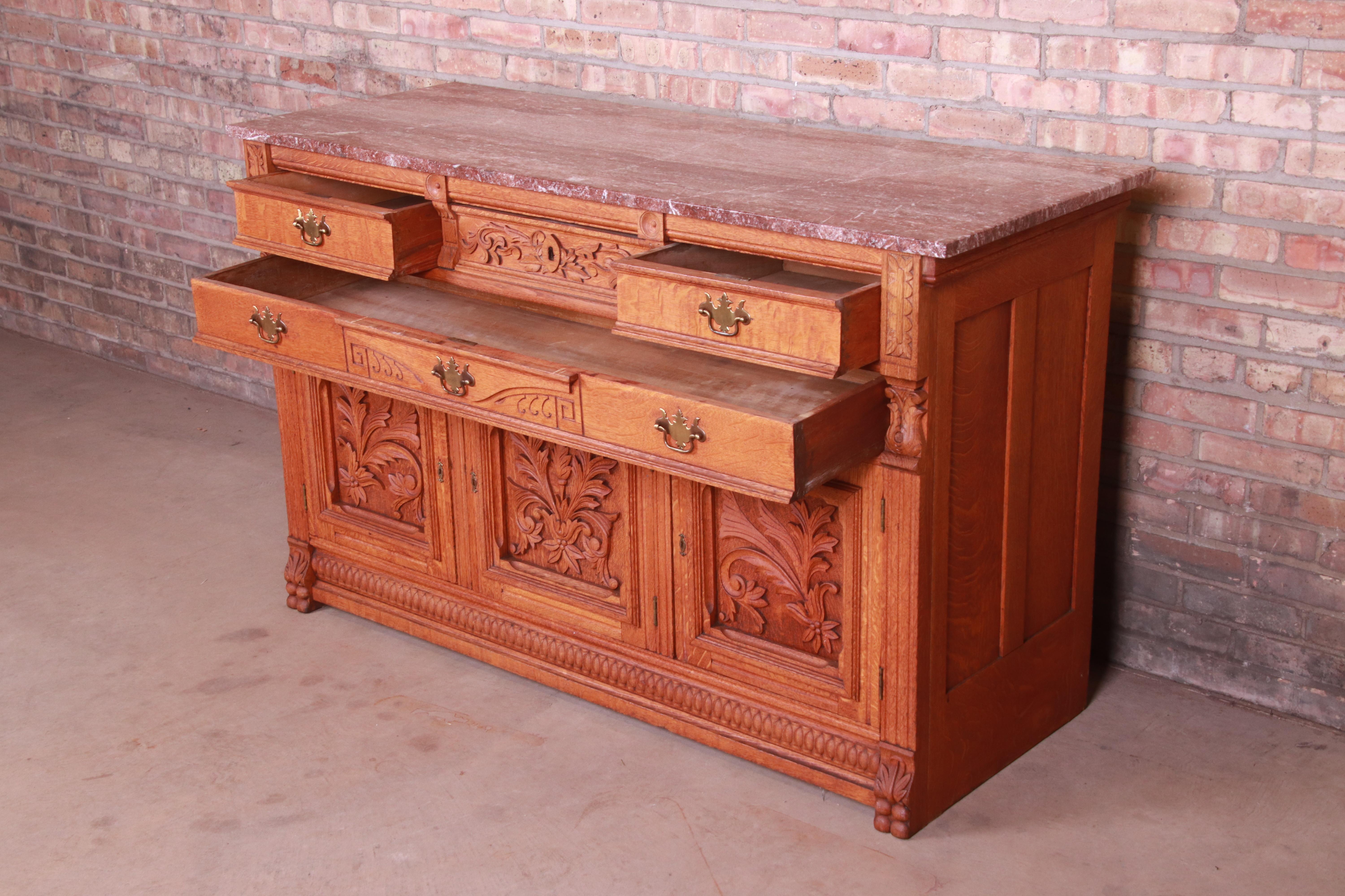 Antique Carved Oak Marble Top Sideboard Attributed to Horner, circa 1890s 1