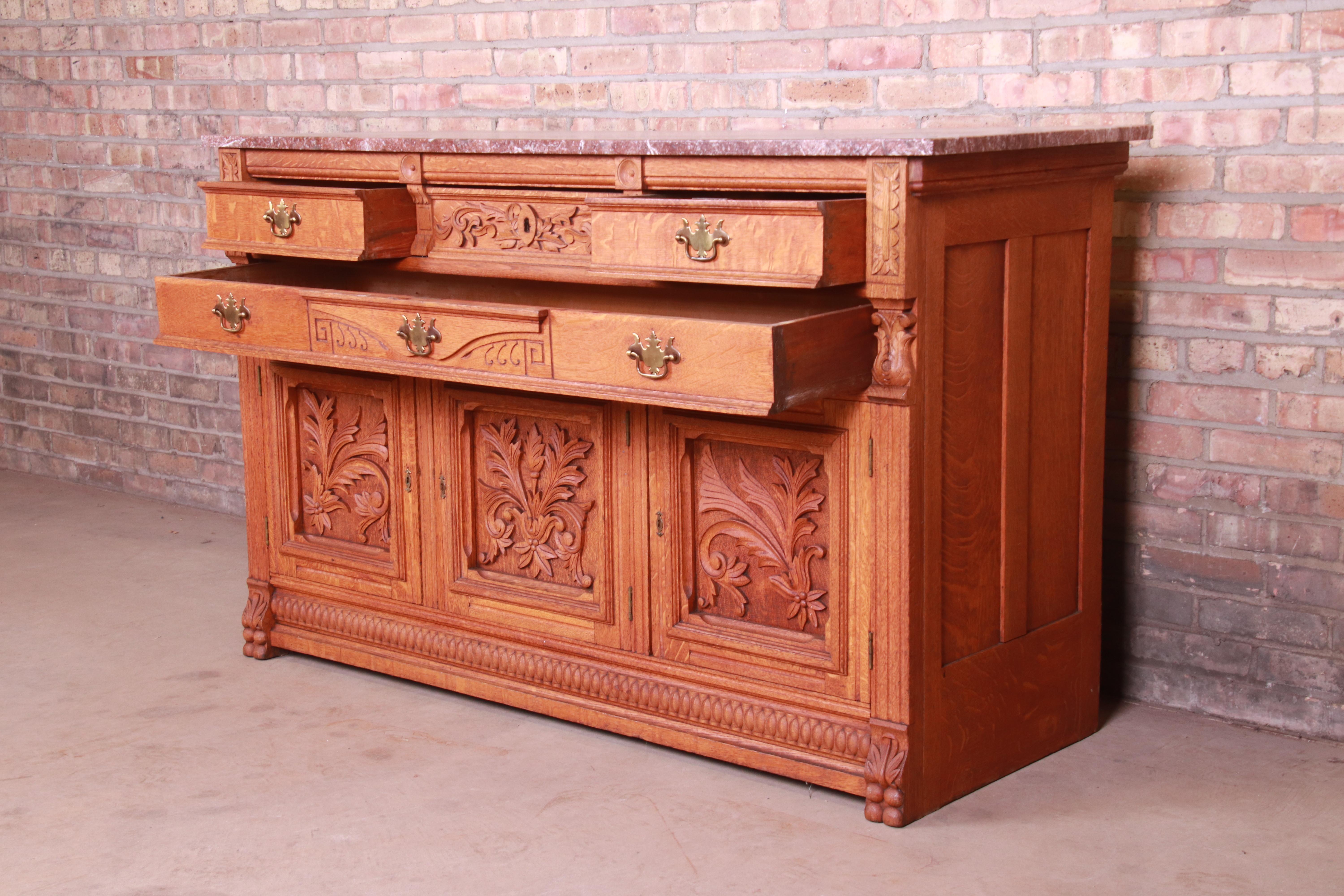 Antique Carved Oak Marble Top Sideboard Attributed to Horner, circa 1890s 2