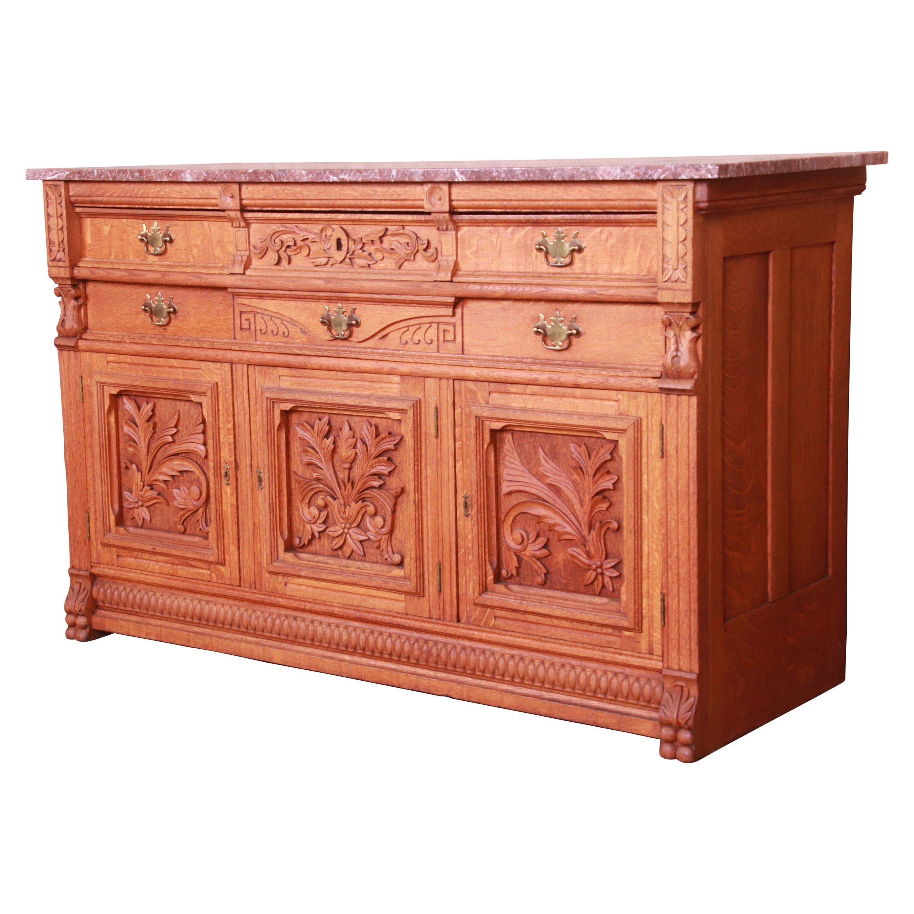 Antique Carved Oak Marble Top Sideboard Attributed to Horner, circa 1890s