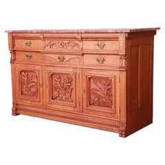 Antique Carved Oak Marble Top Sideboard Attributed to Horner, circa 1890s