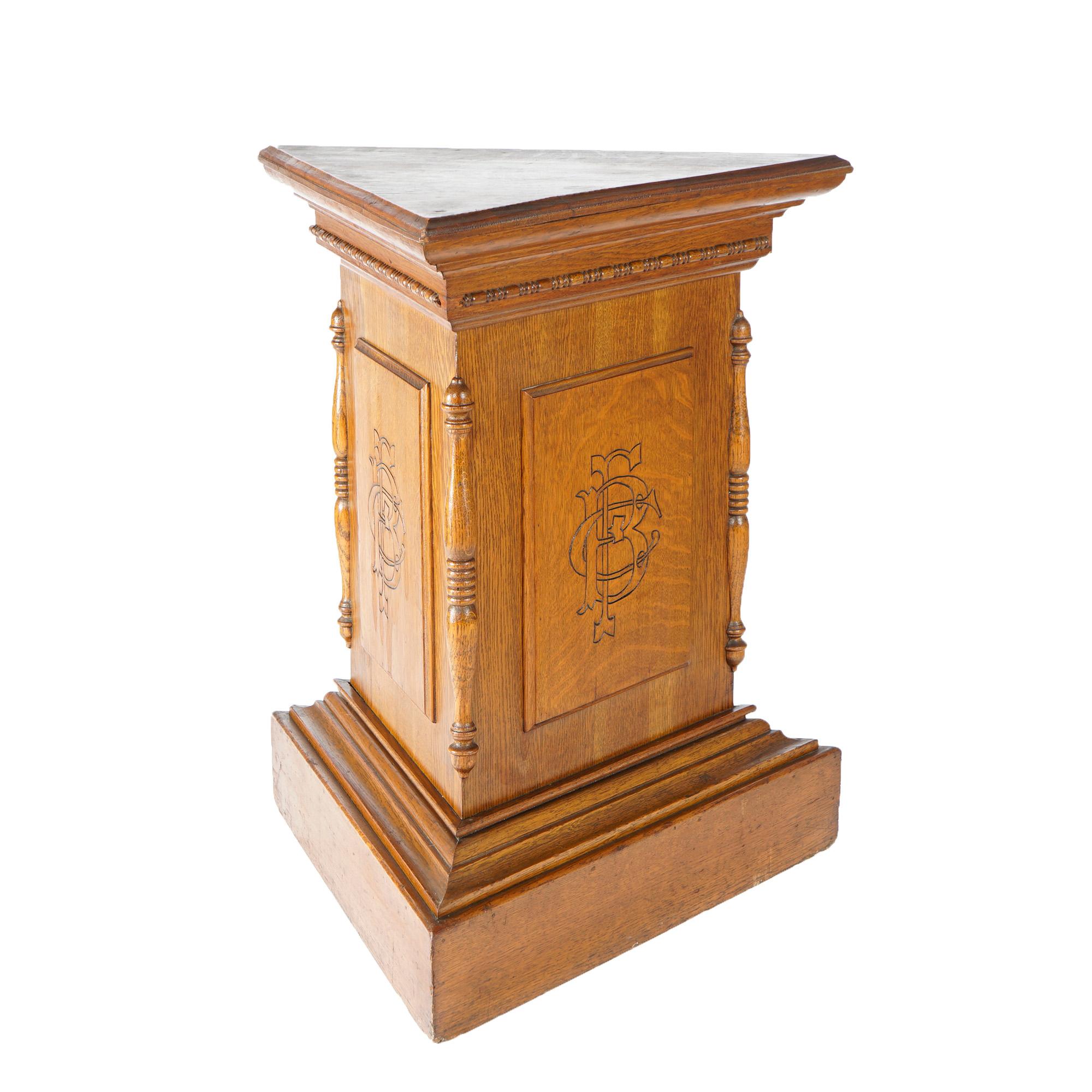 20th Century Antique Carved Oak Masonic Triangular Display Pedestal by Ward-Stilson, C1900
