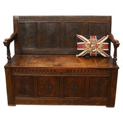 Antique Carved Oak Monks Bench Hall Settle Charles II 1685