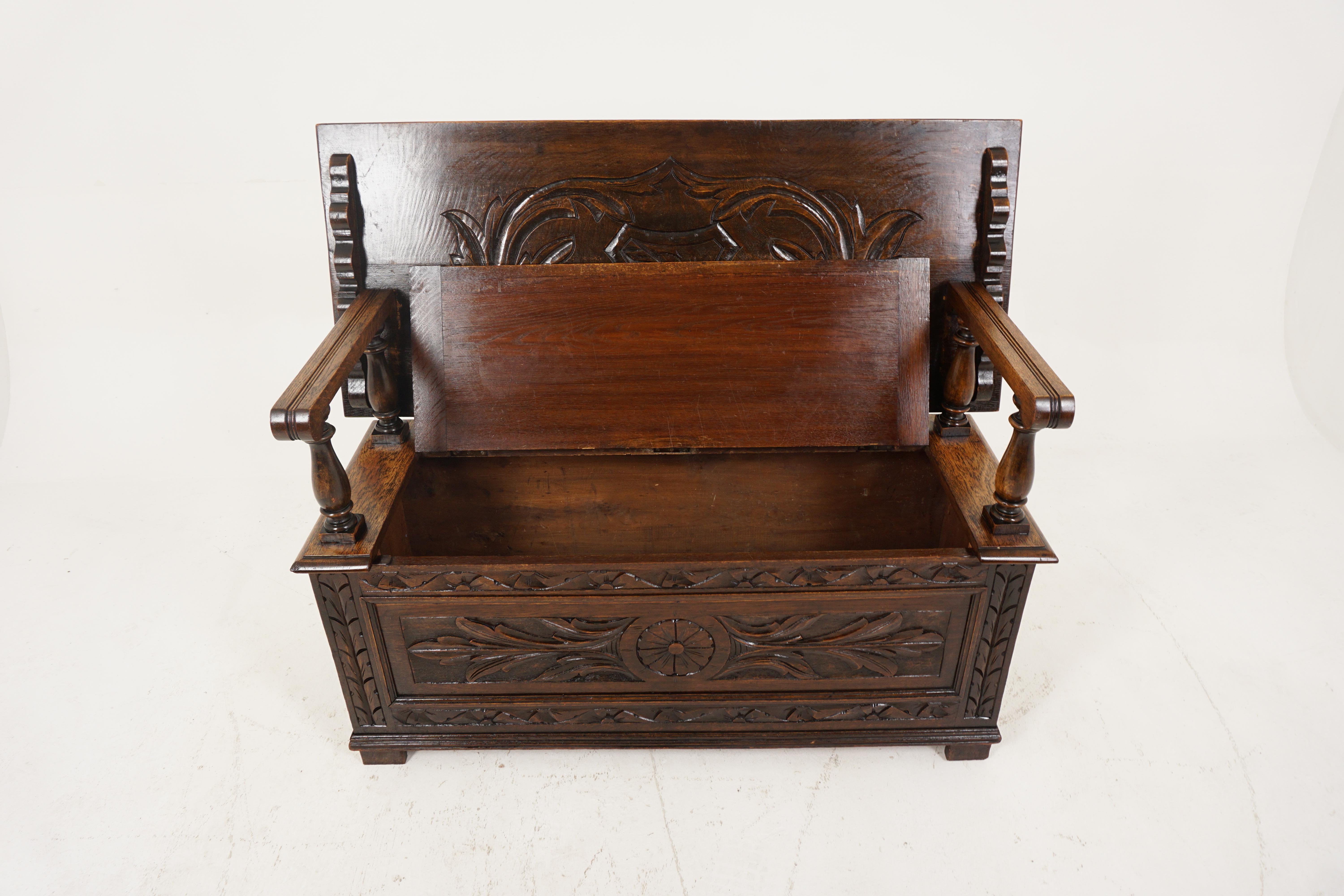 Antique carved oak Monks bench, settee, hall bench, Scotland 1880, B2679

Scotland 18980
Solid oak
Original finish
Rectangular top with carved detail and carved edge
Top lifts to form a bench
The back has carved detail
Arm rests have turned