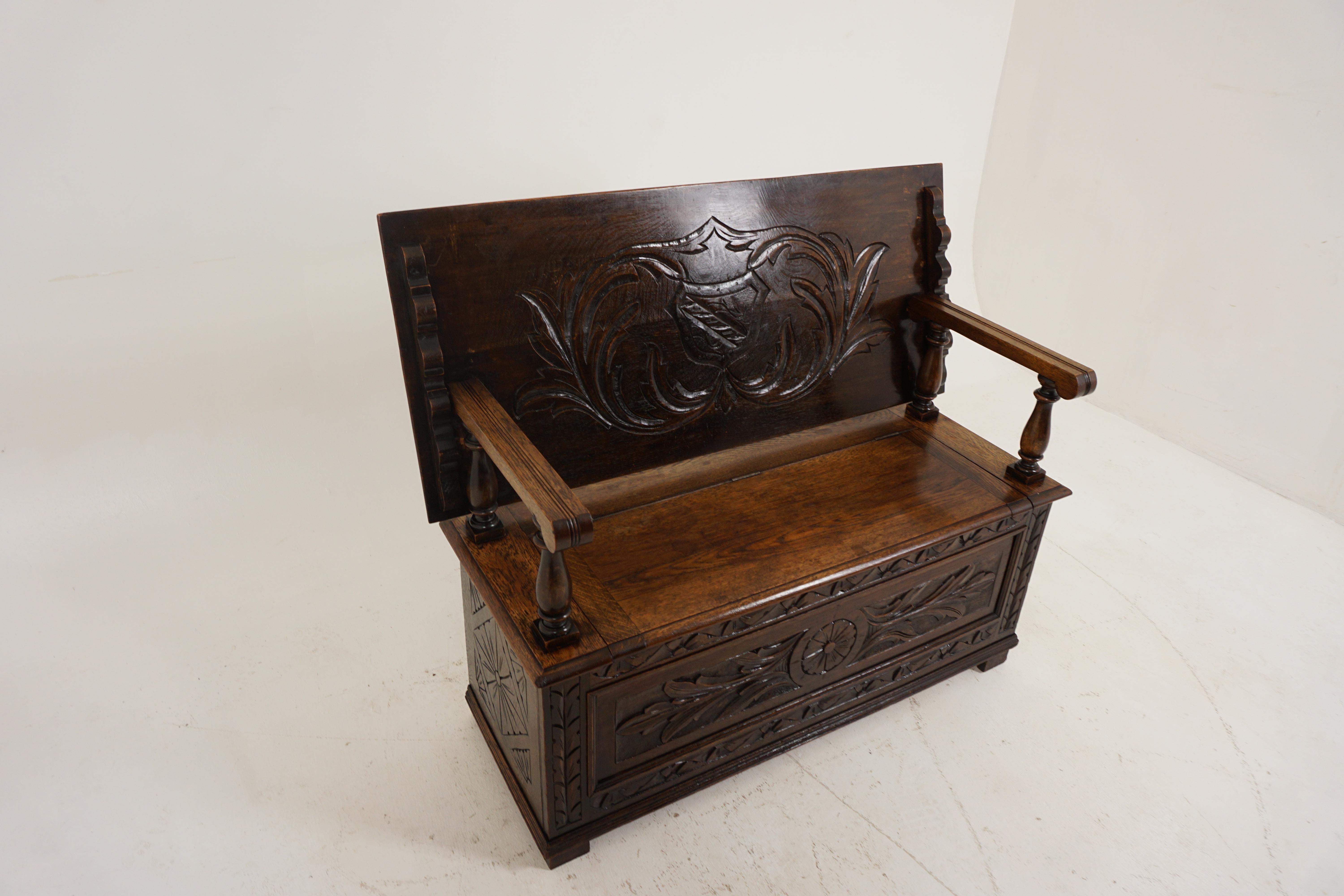 Hand-Crafted Antique Carved Oak Monks Bench, Settee, Hall Bench, Scotland 1880, B2679