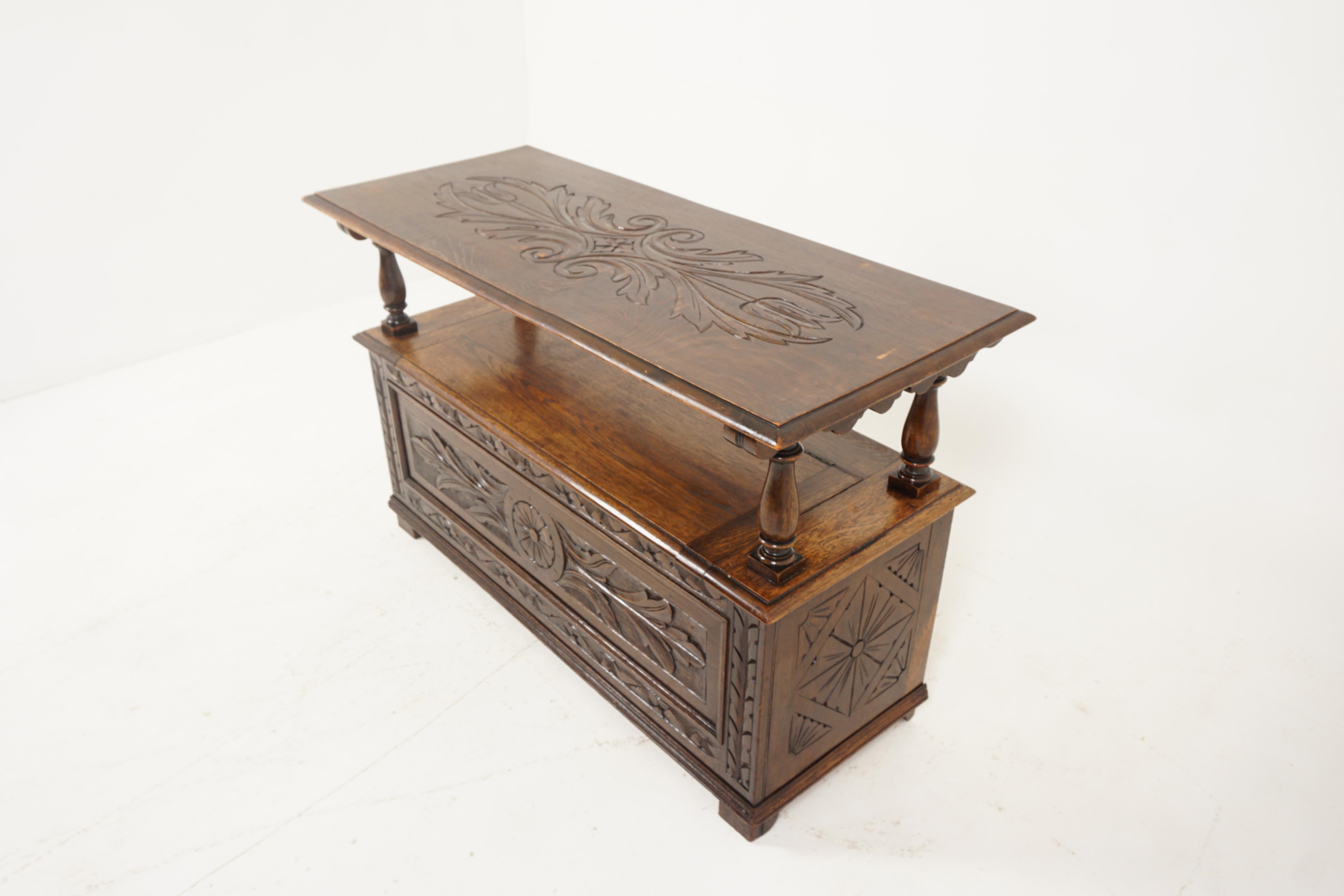 Late 19th Century Antique Carved Oak Monks Bench, Settee, Hall Bench, Scotland 1880, B2679