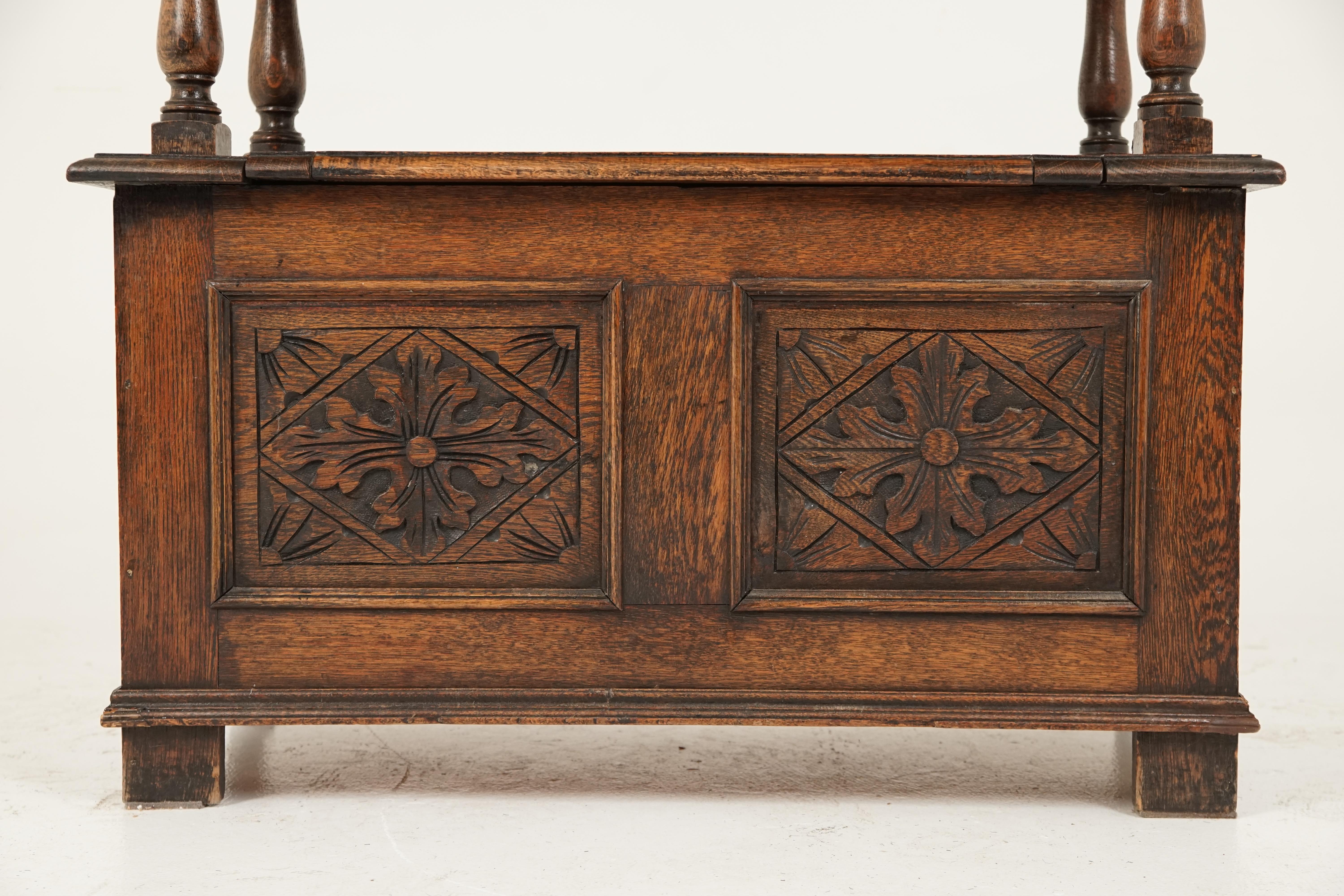 Antique carved oak monk's bench, settee, hall bench, Scotland 1890, B2739

Scotland 1890
Solid oak
Original finish
Featuring rich patterns
Exquisite carved panel to the back and front
The stand up back can be folded down to create a