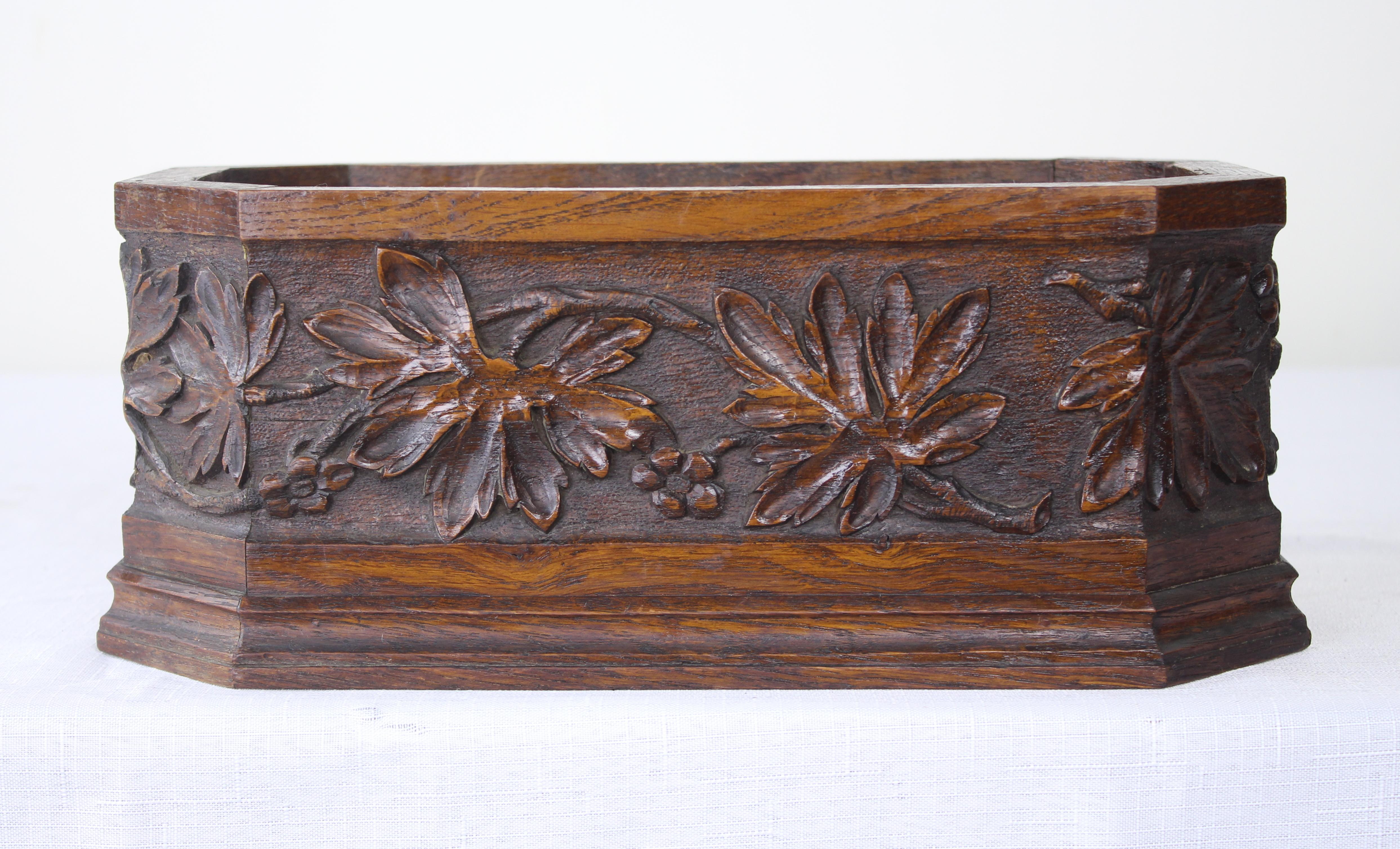 English Antique Carved Oak Open Top Box or Planter For Sale
