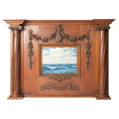 Antique Carved Oak Overmantel Framing a Blustery Sailing Seascape Oil, 1800s