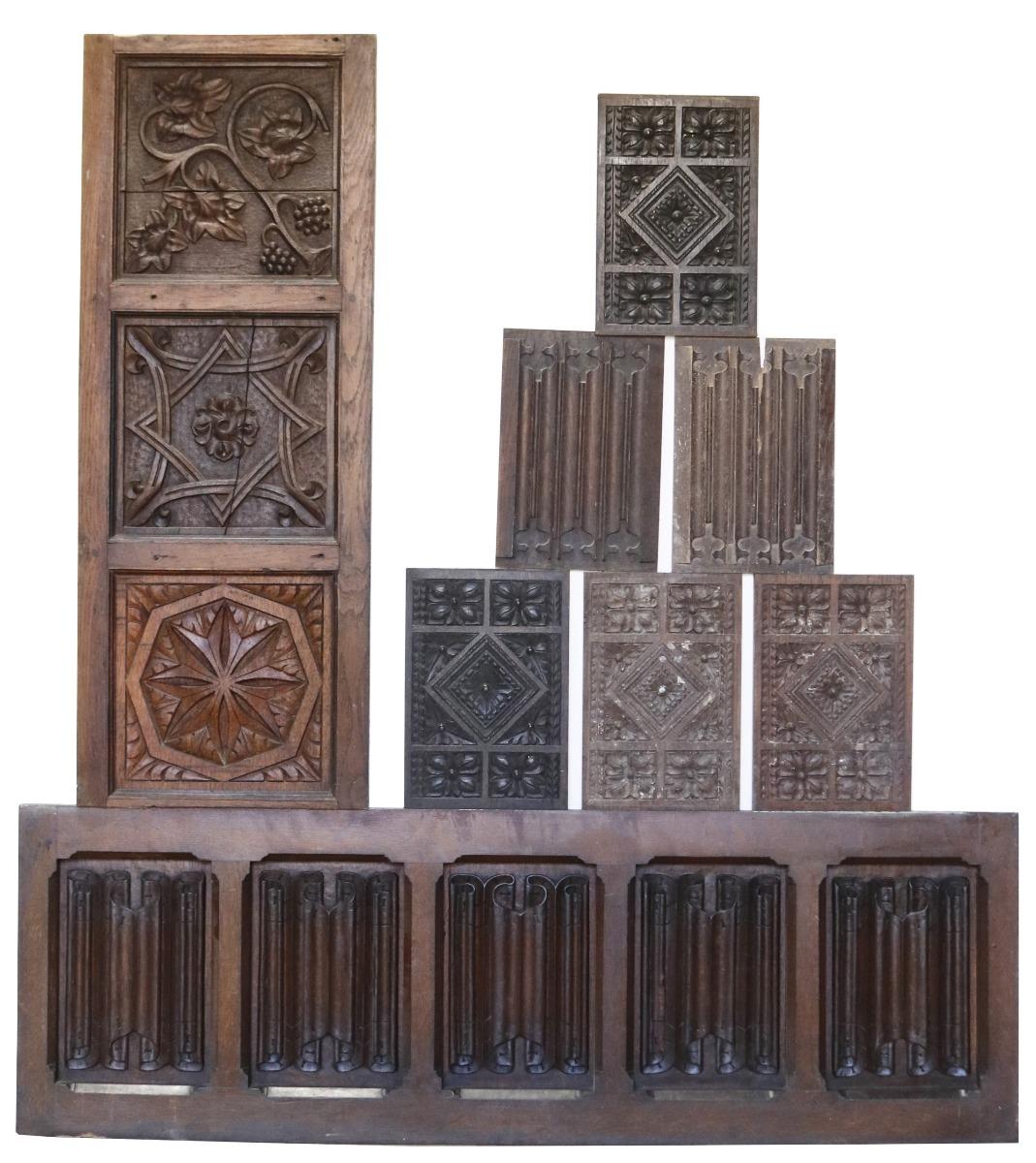 A mixed collection of reclaimed oak wall panelling. These carved oak panels have all come from the same property, having previously been incorporated into a panelled room. The room was constructed around 1890, using some earlier materials. This