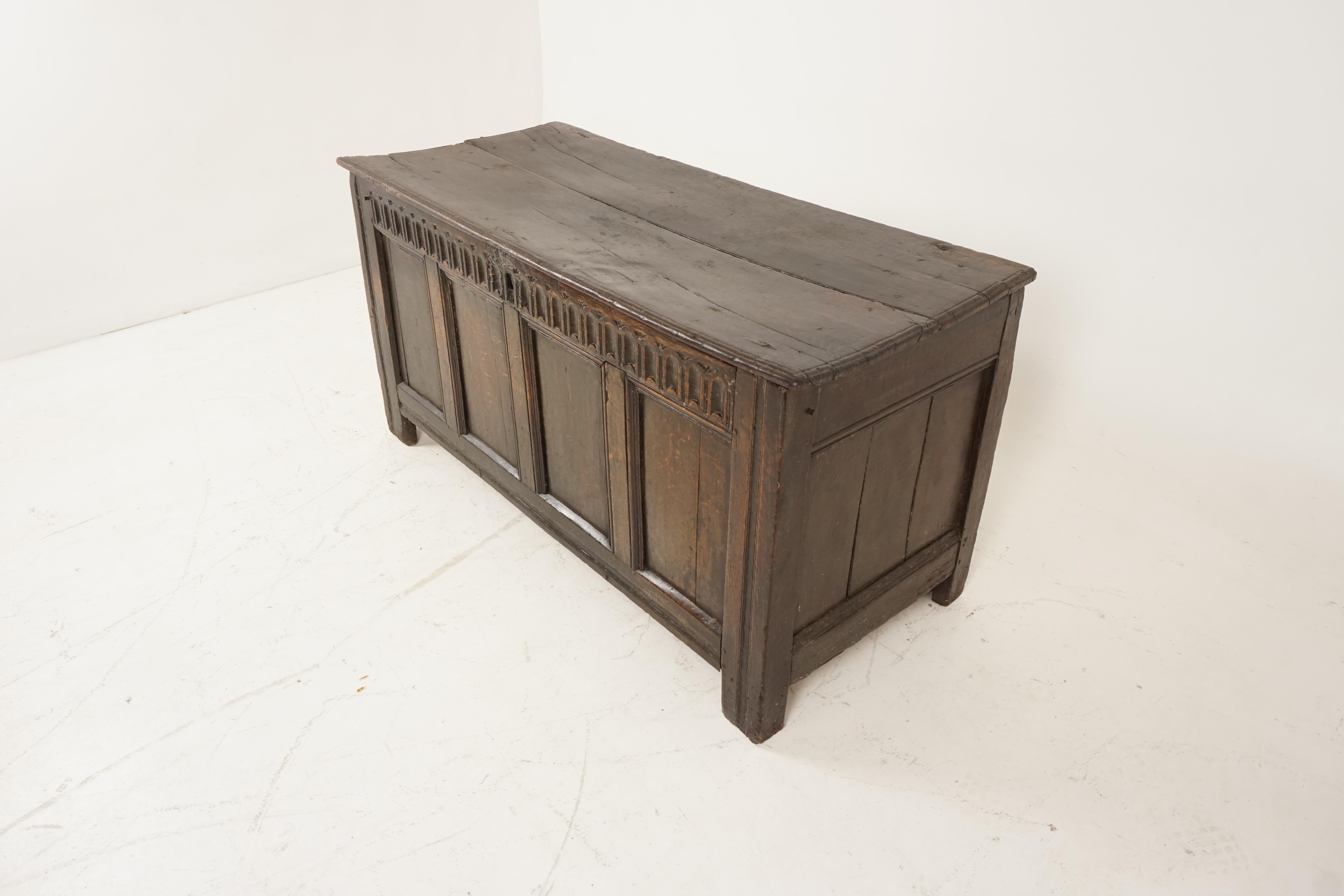 Antique carved oak plank coffer, 18th century, blanket box, Trunk, Scotland 1770, H148

Scotland 1770
Solid oak
Original finish
Rectangular hinged washed top
Above a four plain paneled front and sides
With carved decoration to the top
All standing