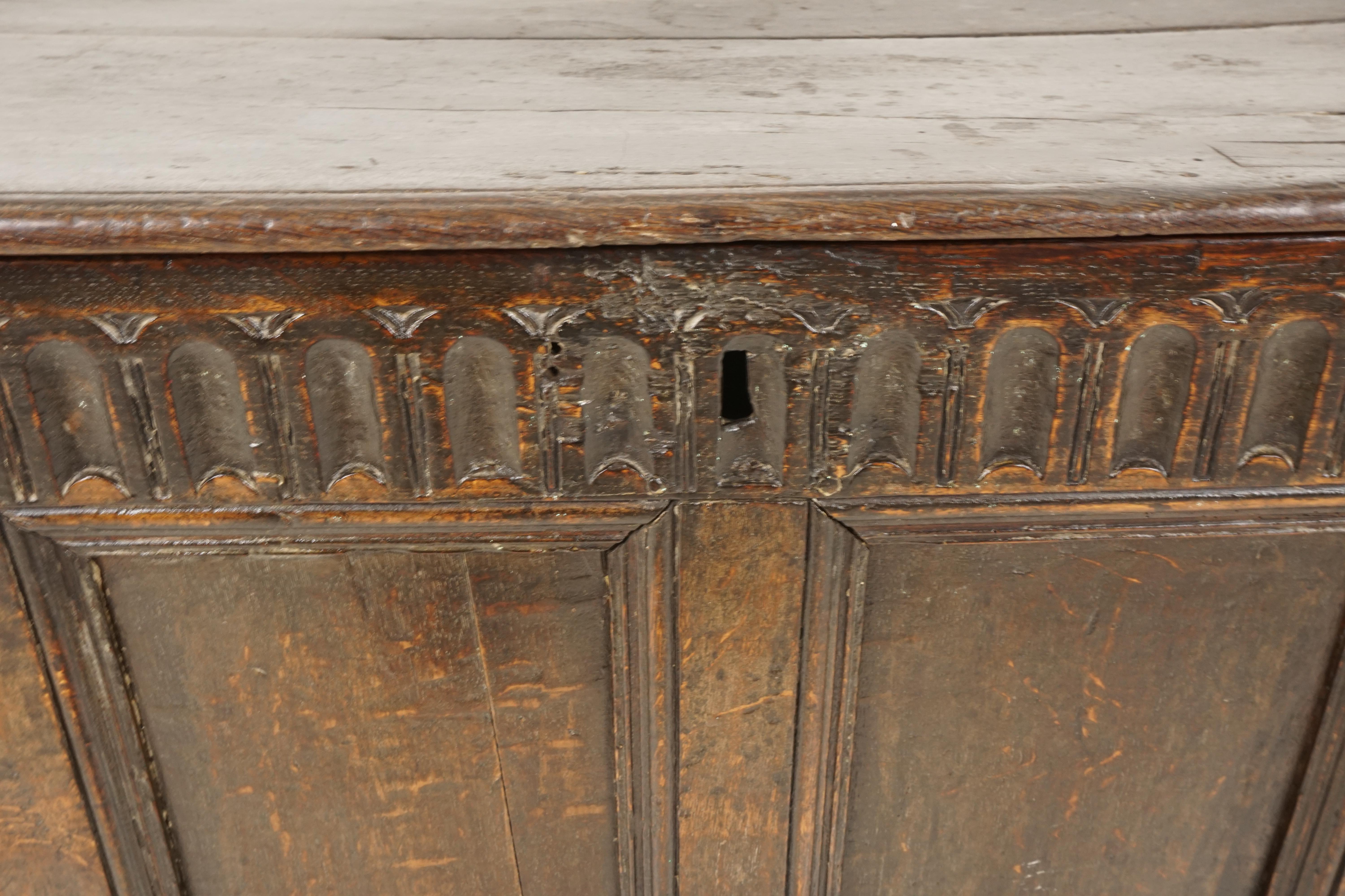 Scottish Antique Carved Oak Plank Coffer, 18th Century, Blanket Box, Trunk, 1770s, H148