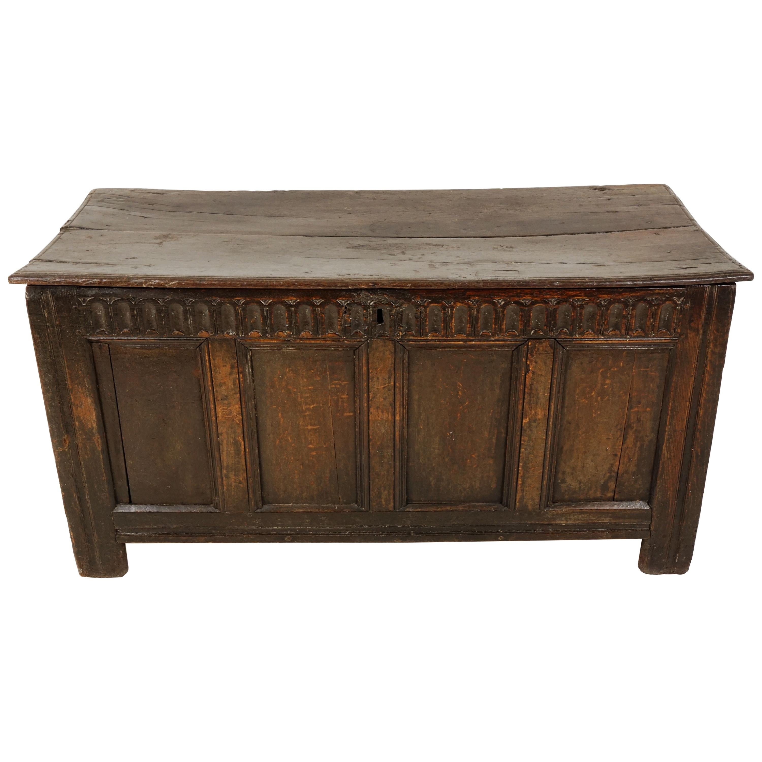 Antique Carved Oak Plank Coffer, 18th Century, Blanket Box, Trunk, 1770s