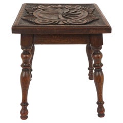 Antique Carved Oak Plant Stan, Occasional Table, Stool, Scotland 1900, B2643