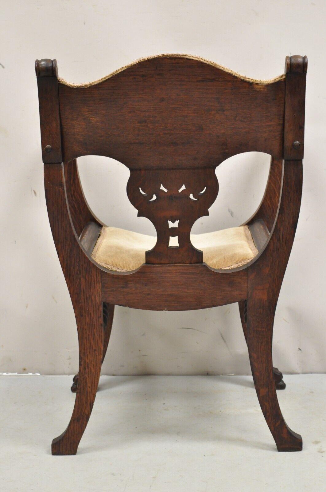 Antique Carved Oak Renaissance Revival Paw Foot Curule Throne Arm Chair For Sale 6