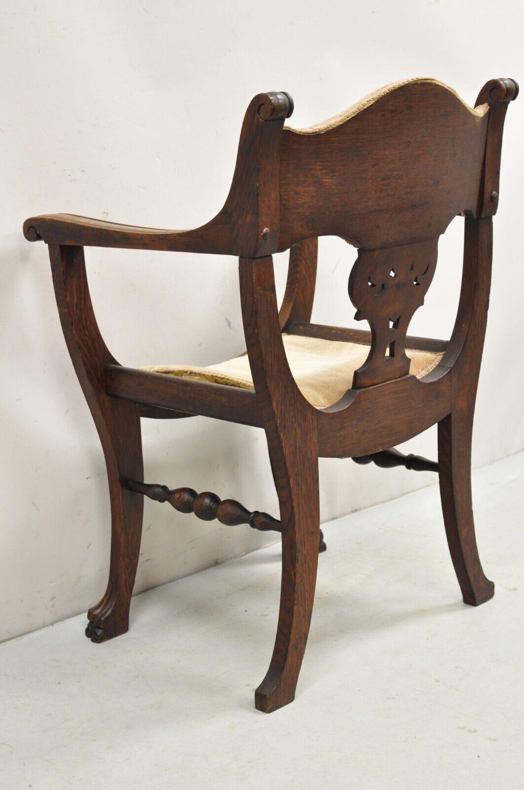 Antique Carved Oak Renaissance Revival Paw Foot Curule Throne Arm Chair For Sale 7
