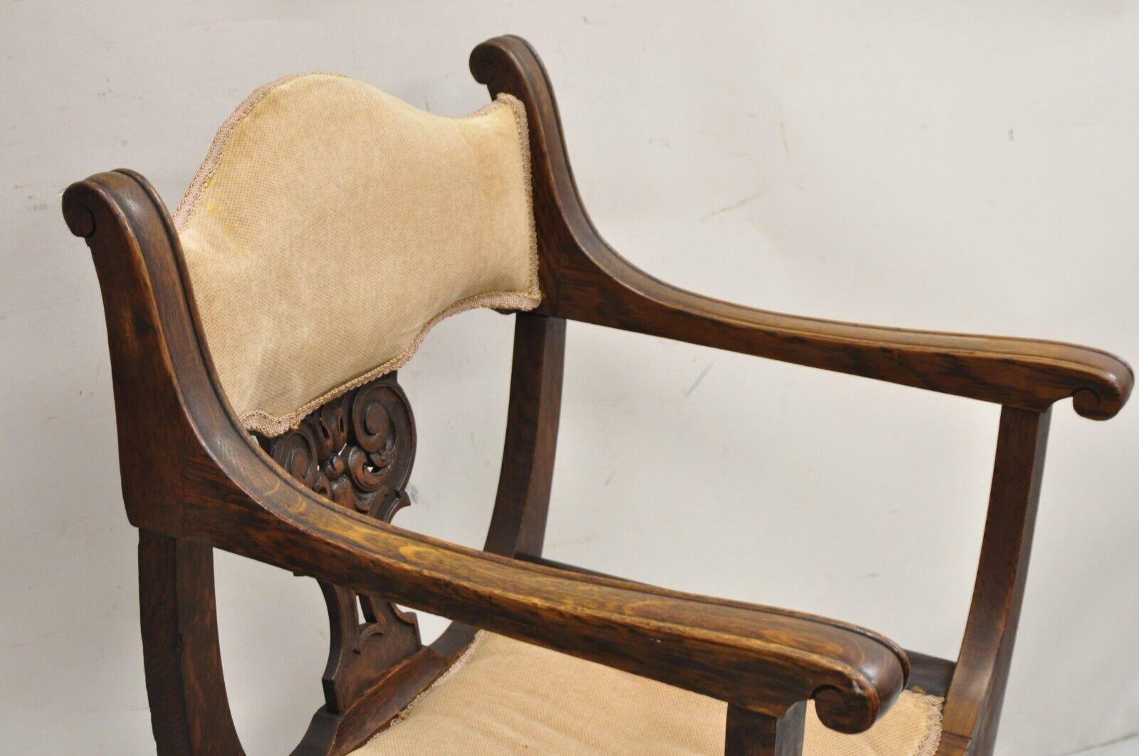 Antique Carved Oak Renaissance Revival Paw Foot Curule Throne Arm Chair For Sale 8