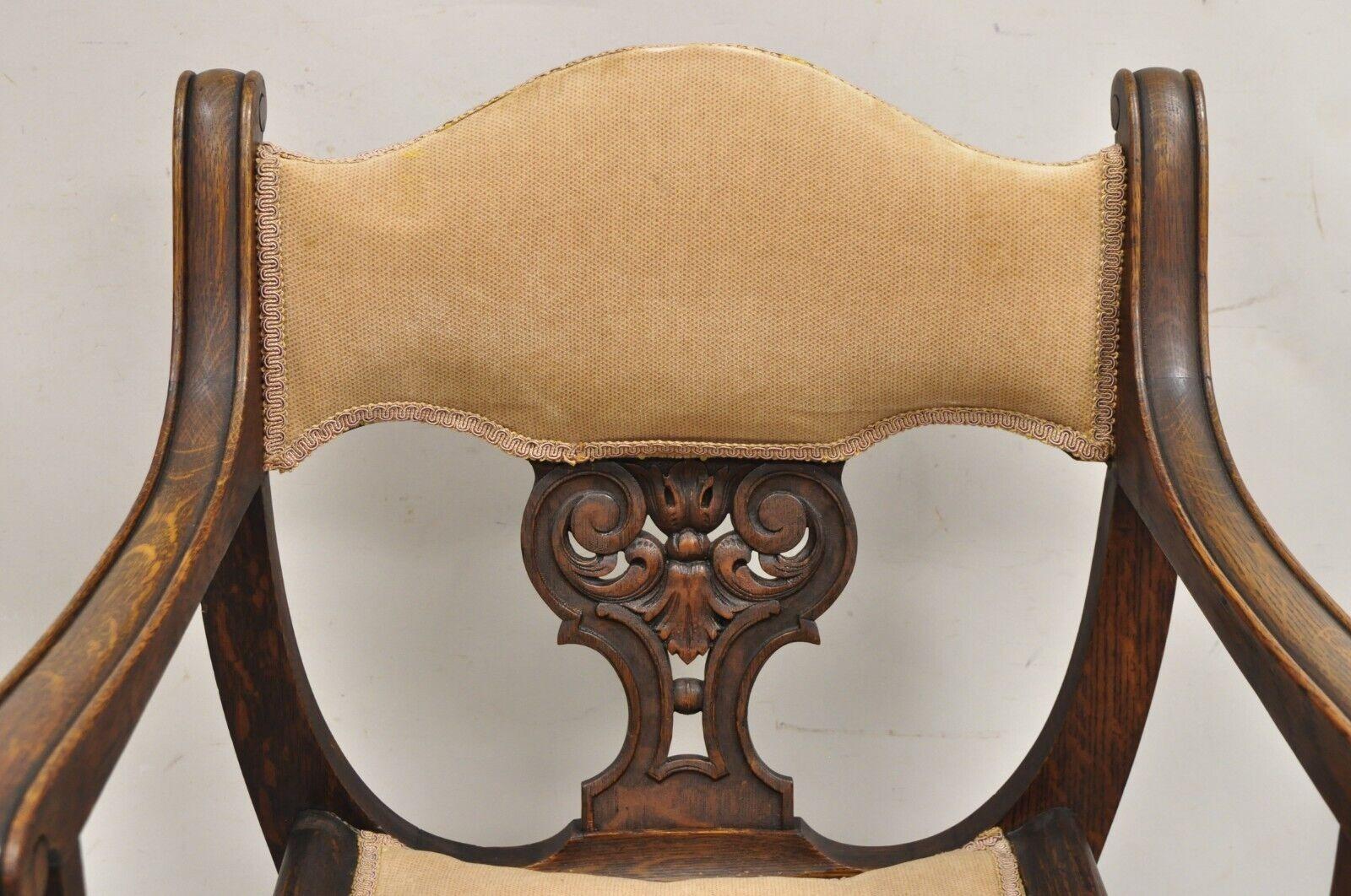 Antique Carved Oak Renaissance Revival Paw Foot Curule Throne Arm Chair In Good Condition For Sale In Philadelphia, PA