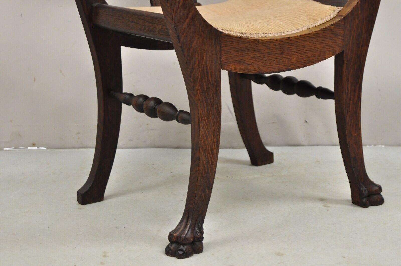 19th Century Antique Carved Oak Renaissance Revival Paw Foot Curule Throne Arm Chair For Sale