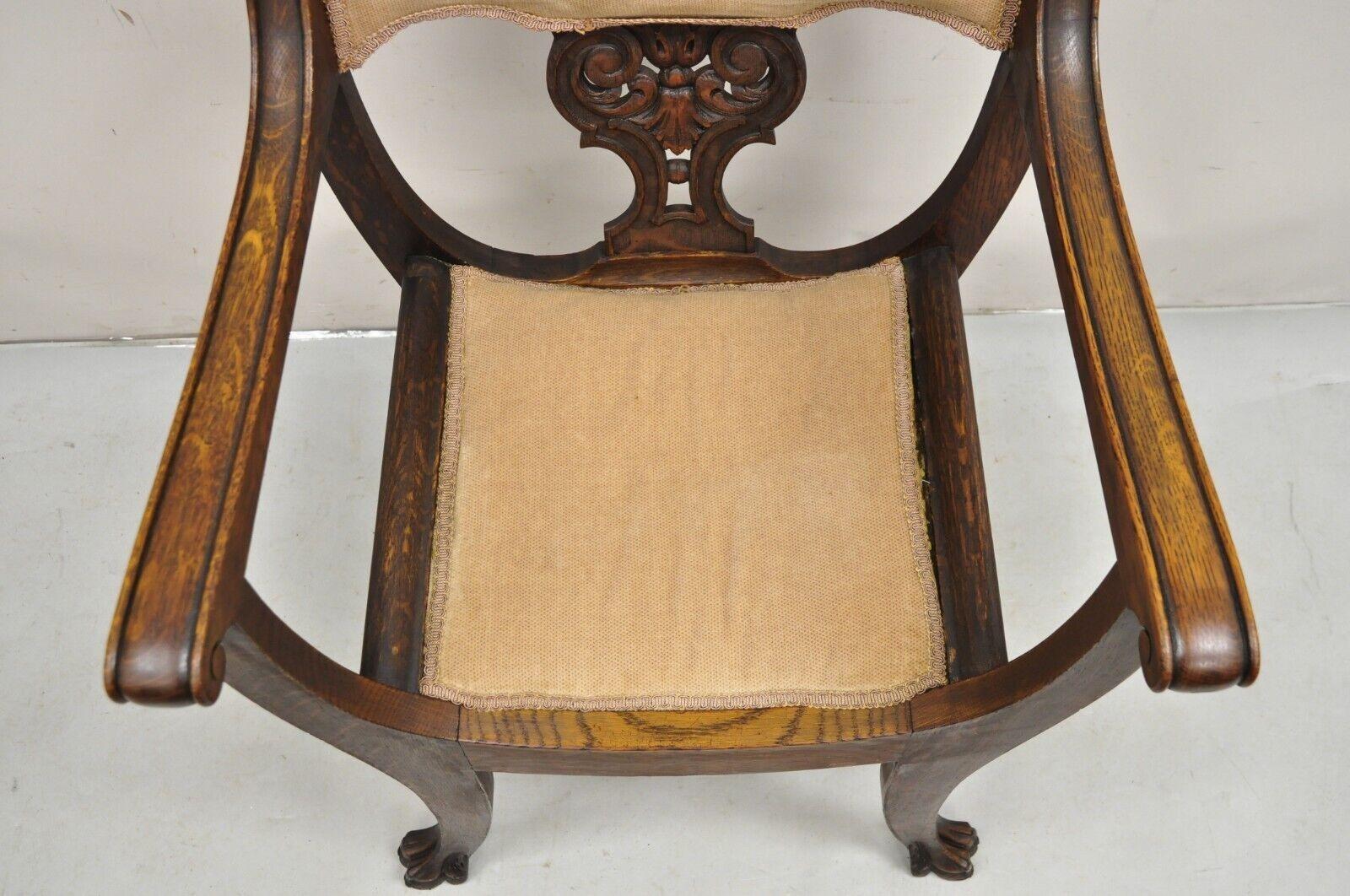Antique Carved Oak Renaissance Revival Paw Foot Curule Throne Arm Chair For Sale 2