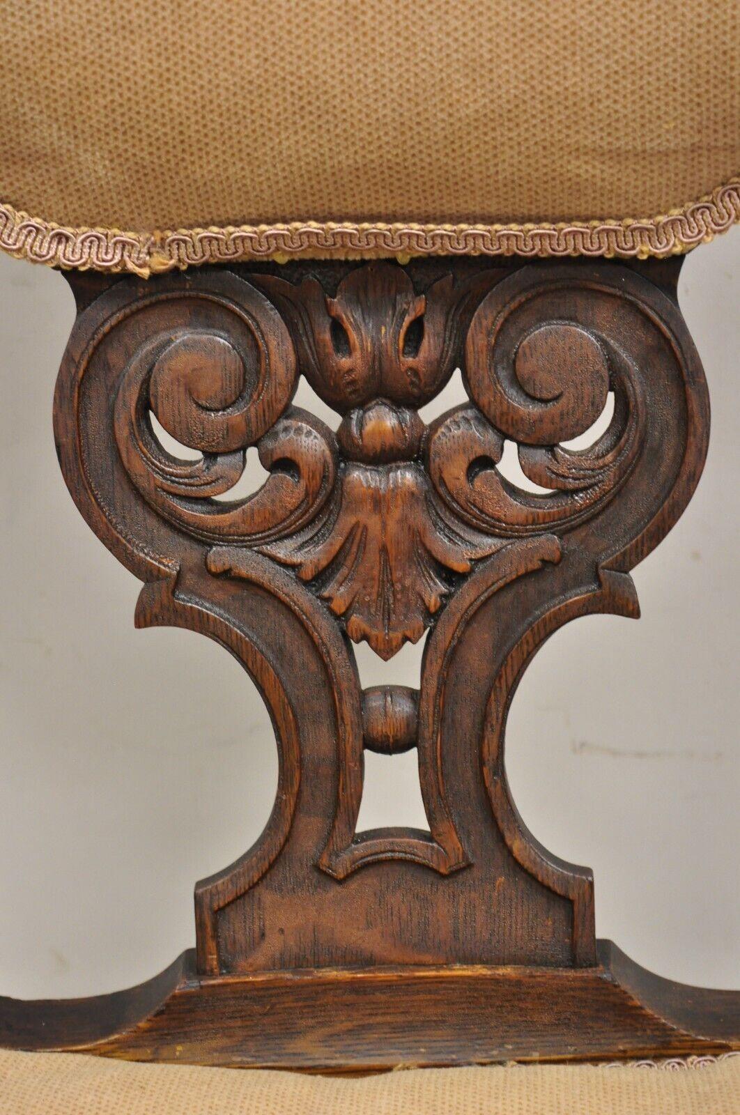 Antique Carved Oak Renaissance Revival Paw Foot Curule Throne Arm Chair For Sale 3
