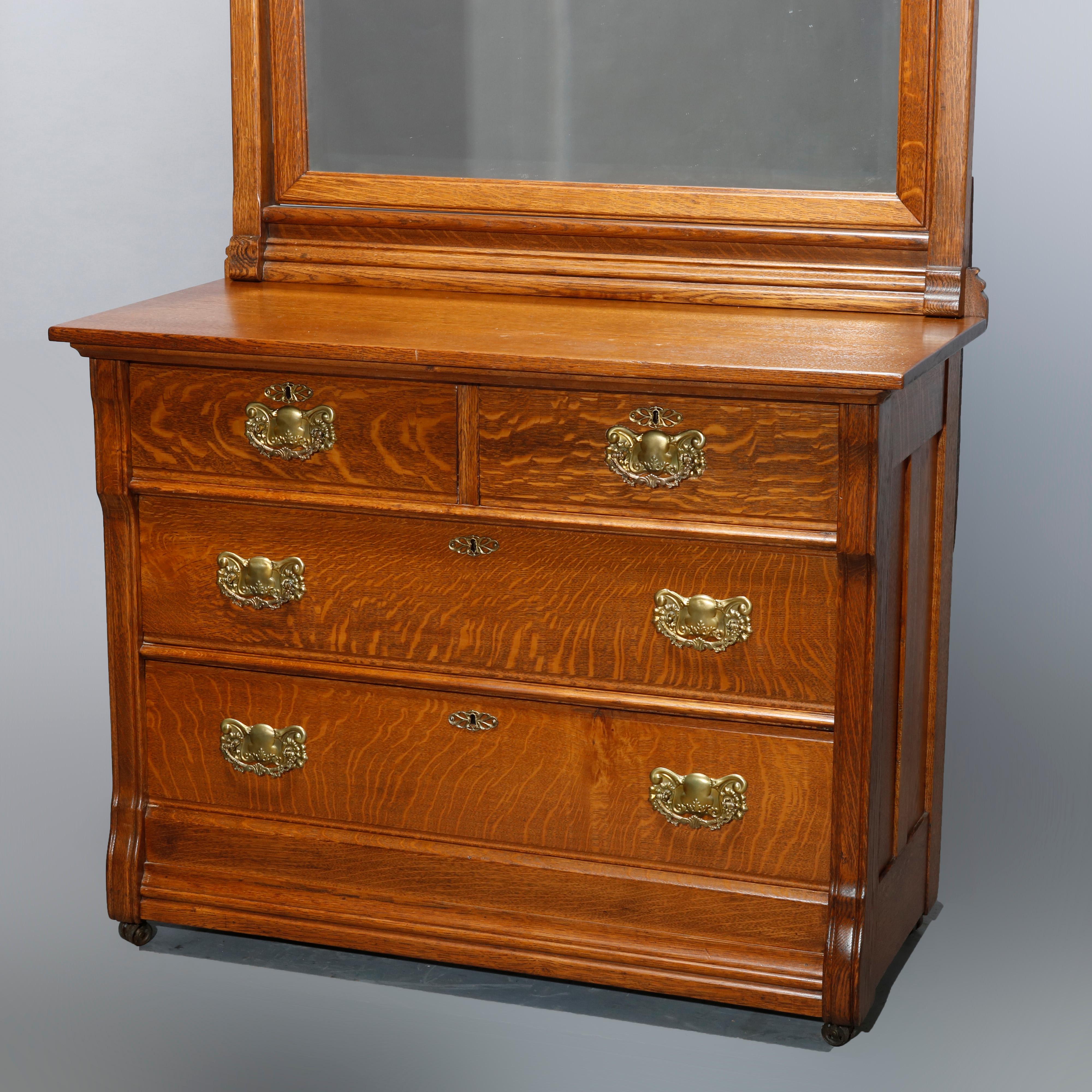 Antique Carved Oak RJ Horner School Four-Drawer Dresser with Mirror, Circa 1900 In Good Condition In Big Flats, NY