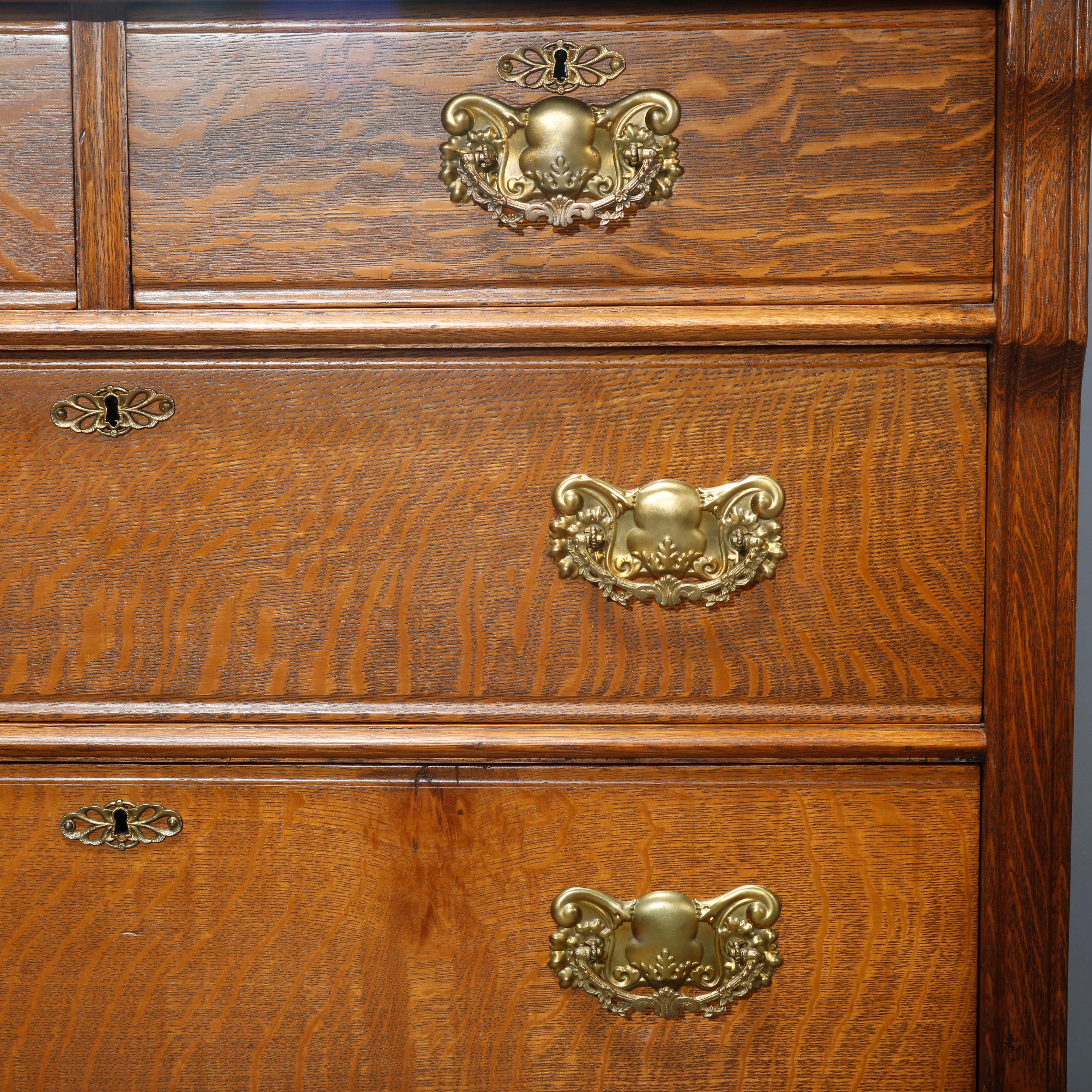 20th Century Antique Carved Oak RJ Horner School Four-Drawer Dresser with Mirror, Circa 1900