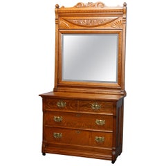 Antique Carved Oak RJ Horner School Four-Drawer Dresser with Mirror, Circa 1900