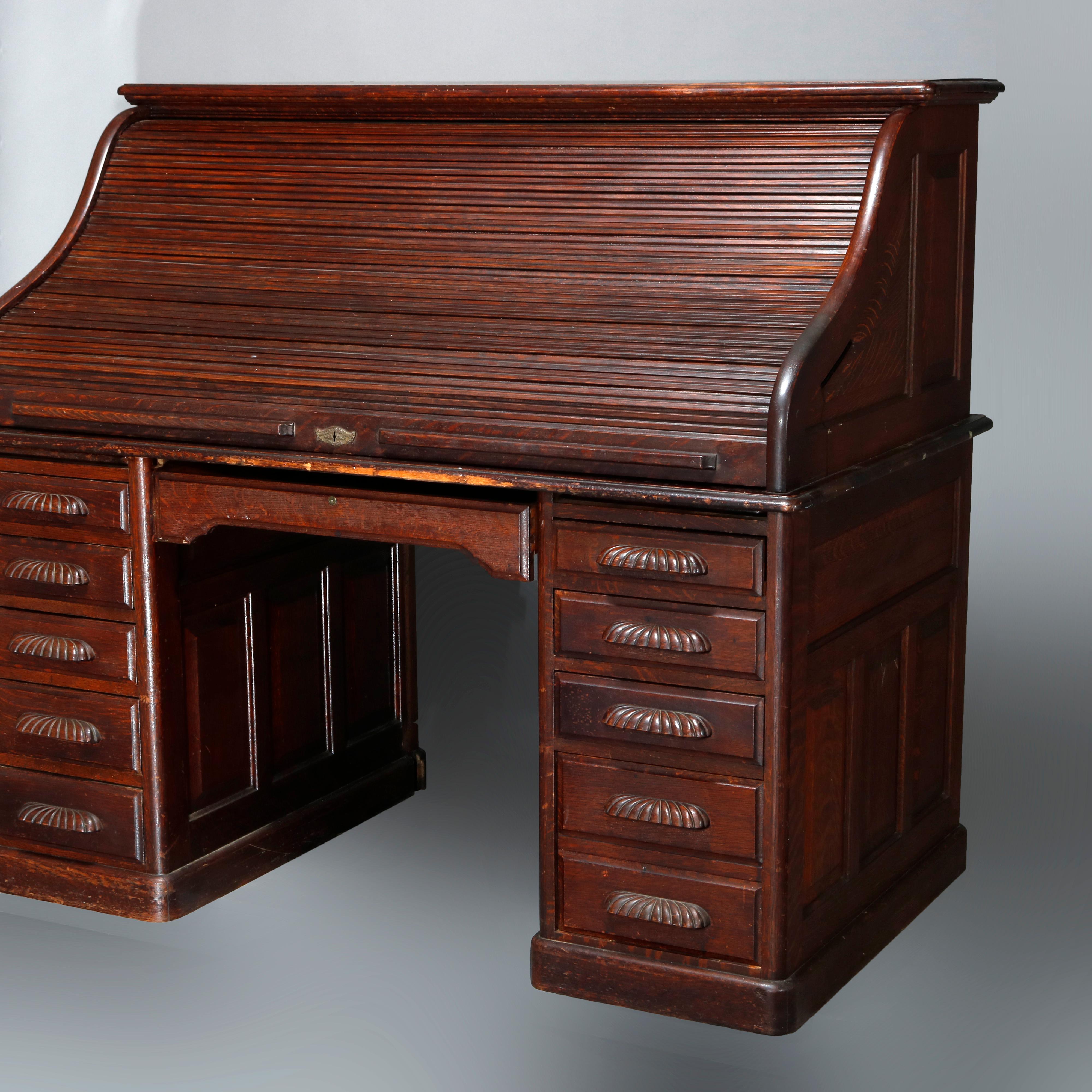 Antique Carved Oak S-Roll Top Desk by EH Staffordshire, c1900 1