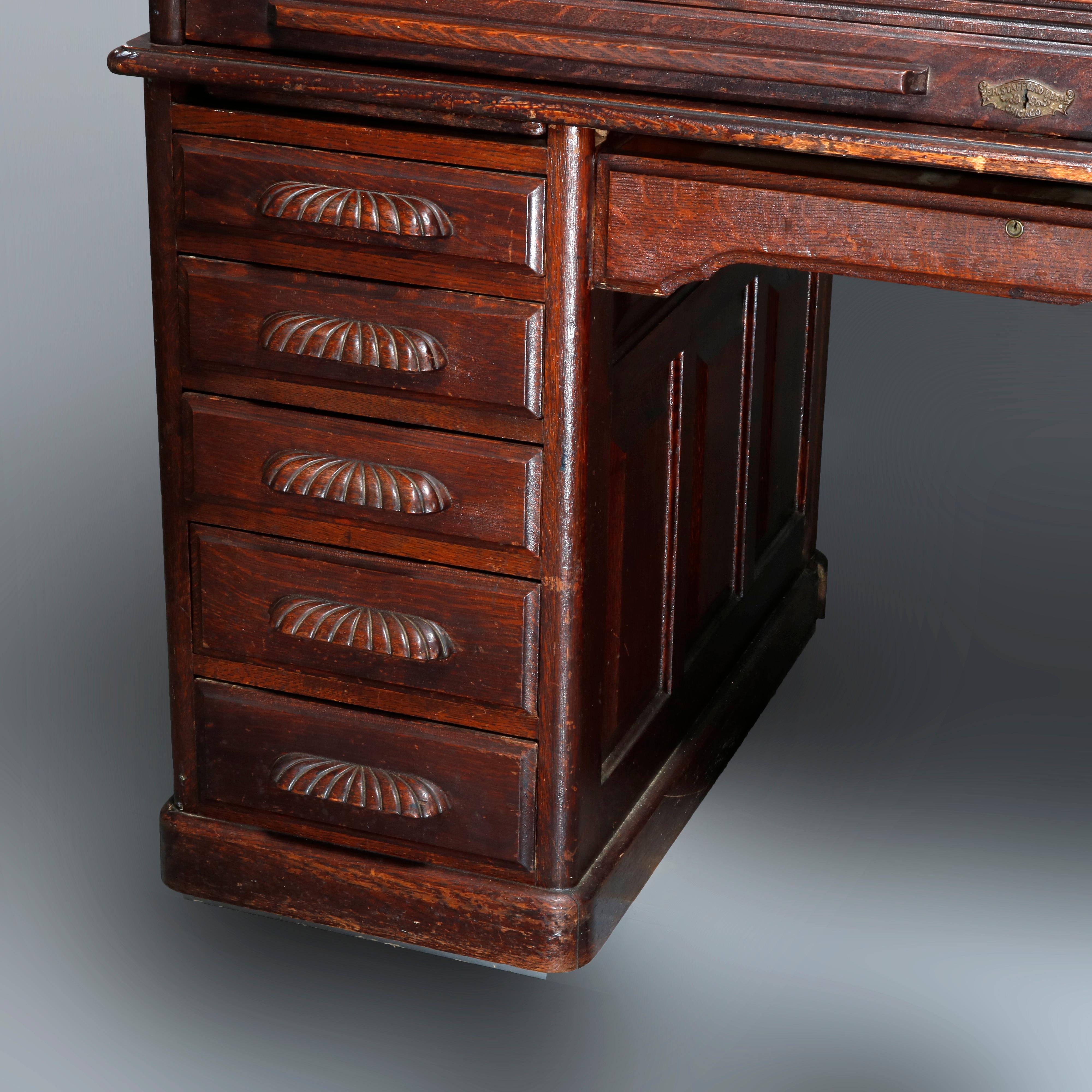 Antique Carved Oak S-Roll Top Desk by EH Staffordshire, c1900 2
