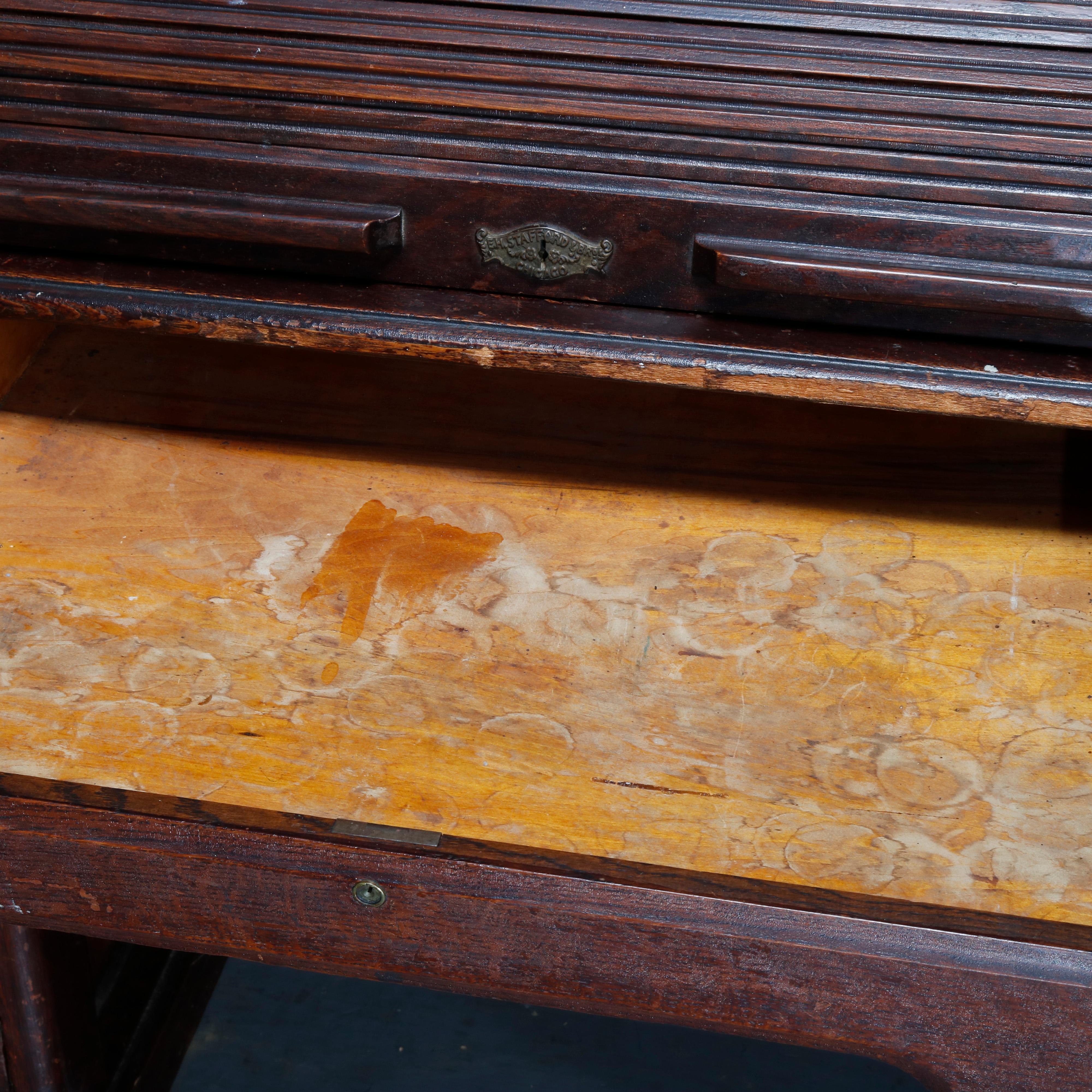 Antique Carved Oak S-Roll Top Desk by EH Staffordshire, c1900 10