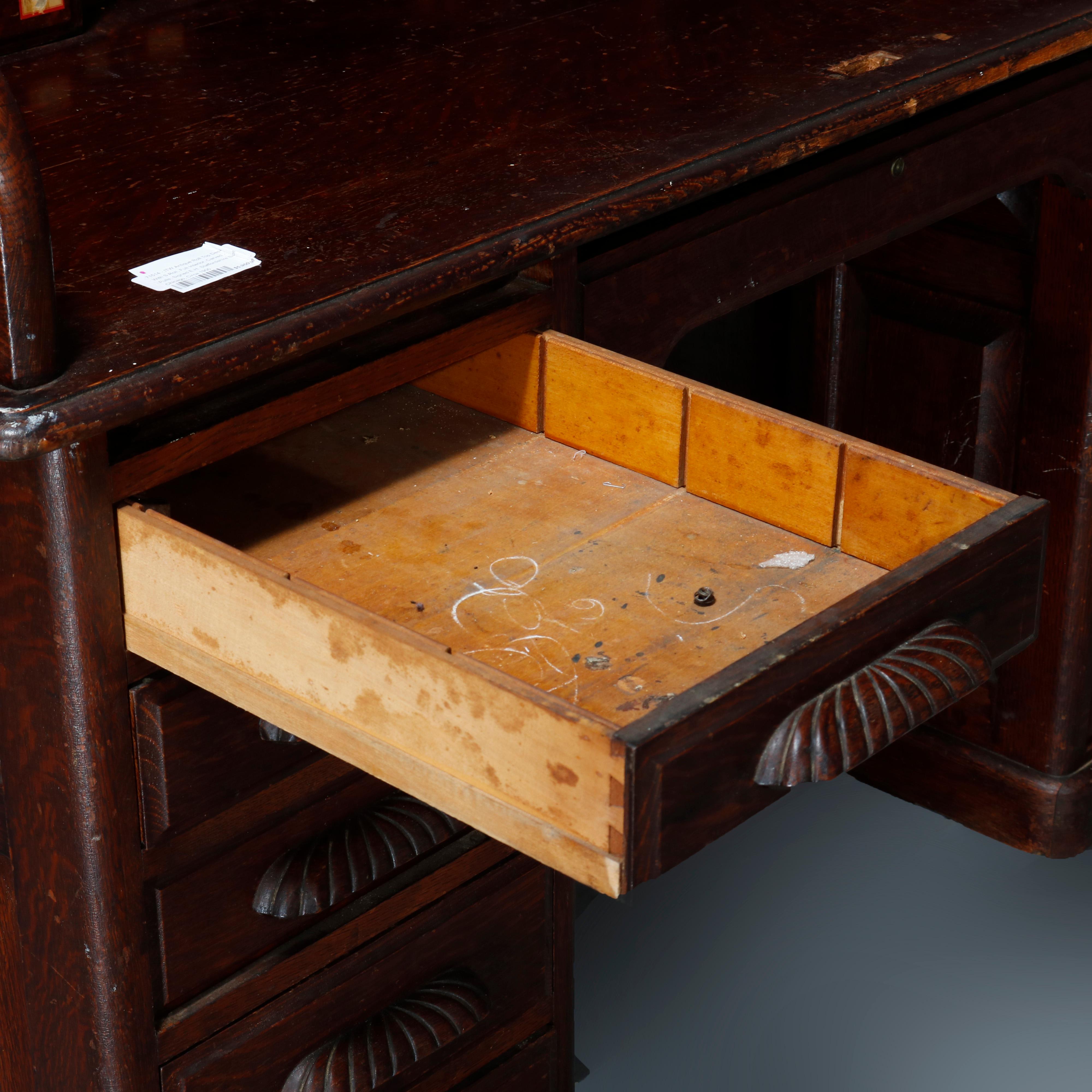 American Antique Carved Oak S-Roll Top Desk by EH Staffordshire, c1900