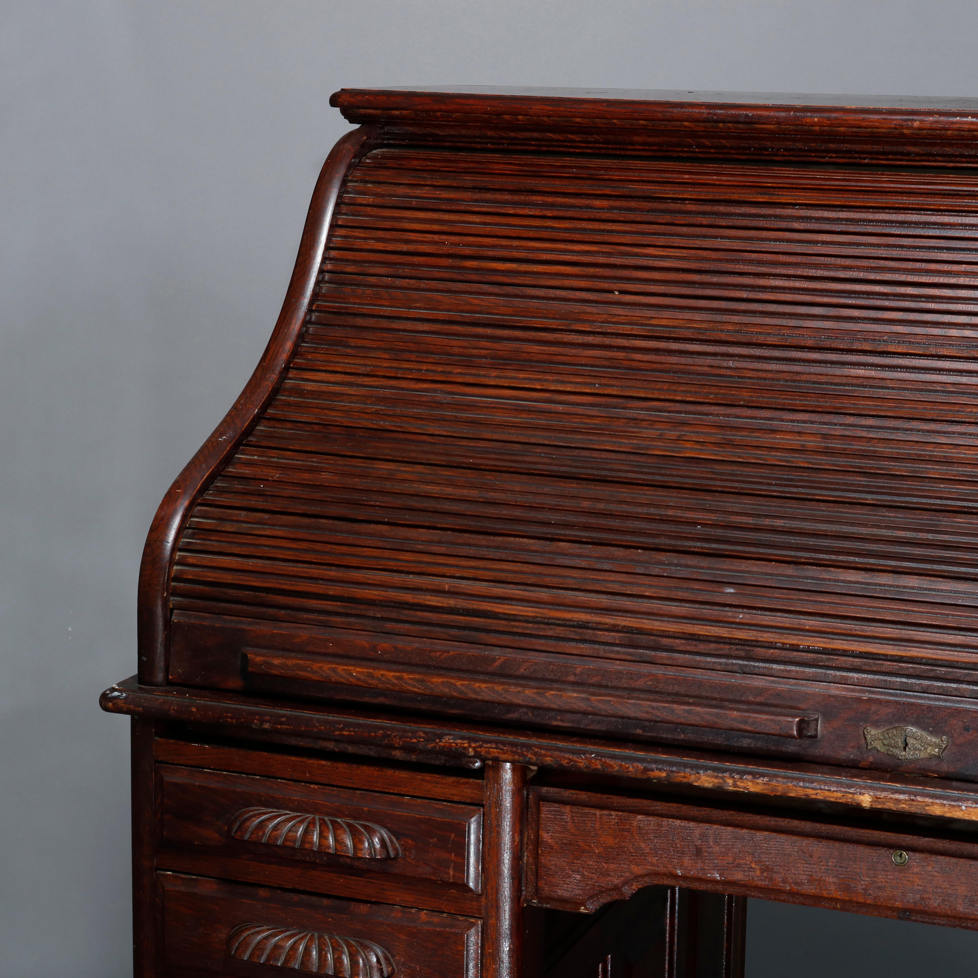 Antique Carved Oak S-Roll Top Desk by EH Staffordshire, c1900 In Good Condition In Big Flats, NY