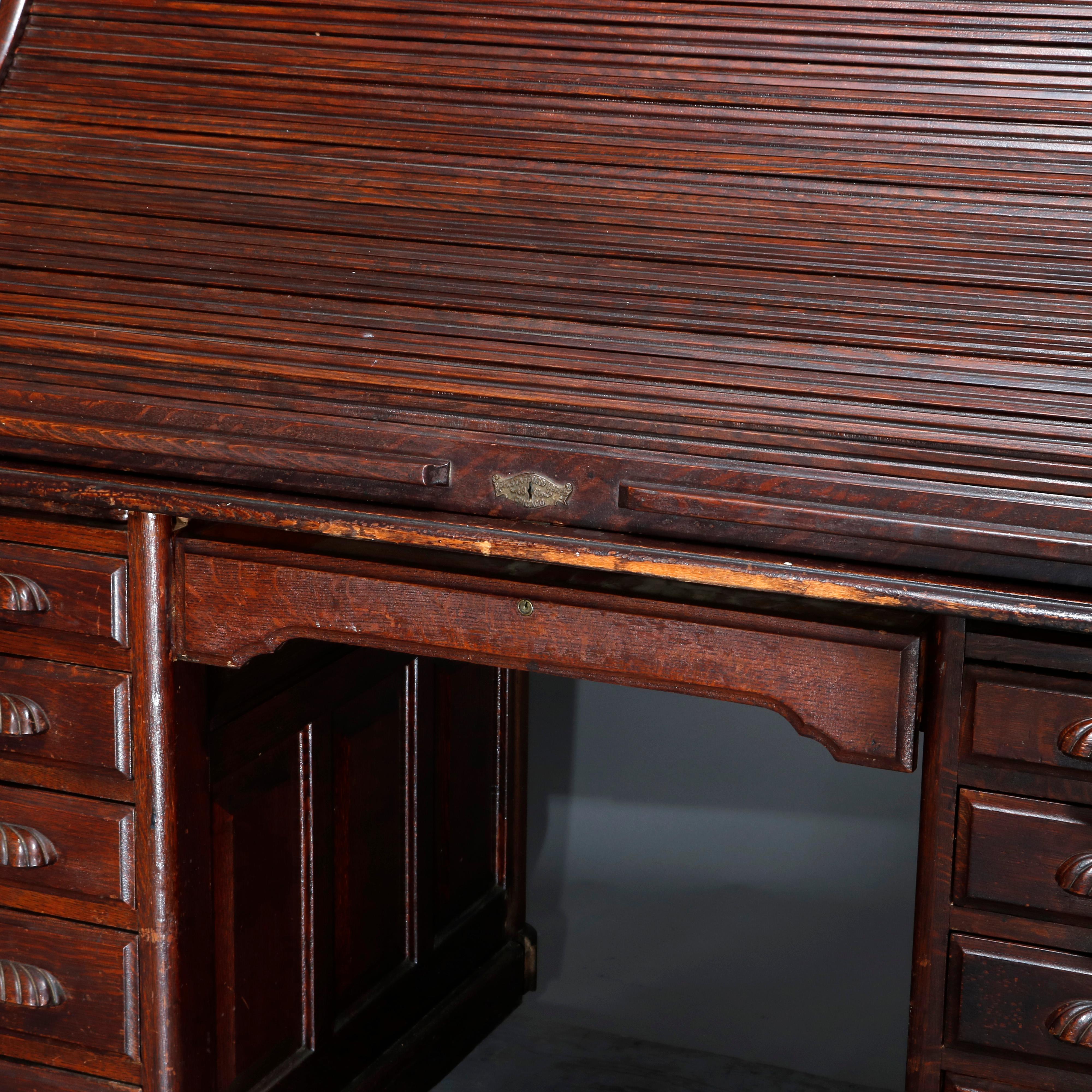 Metal Antique Carved Oak S-Roll Top Desk by EH Staffordshire, c1900