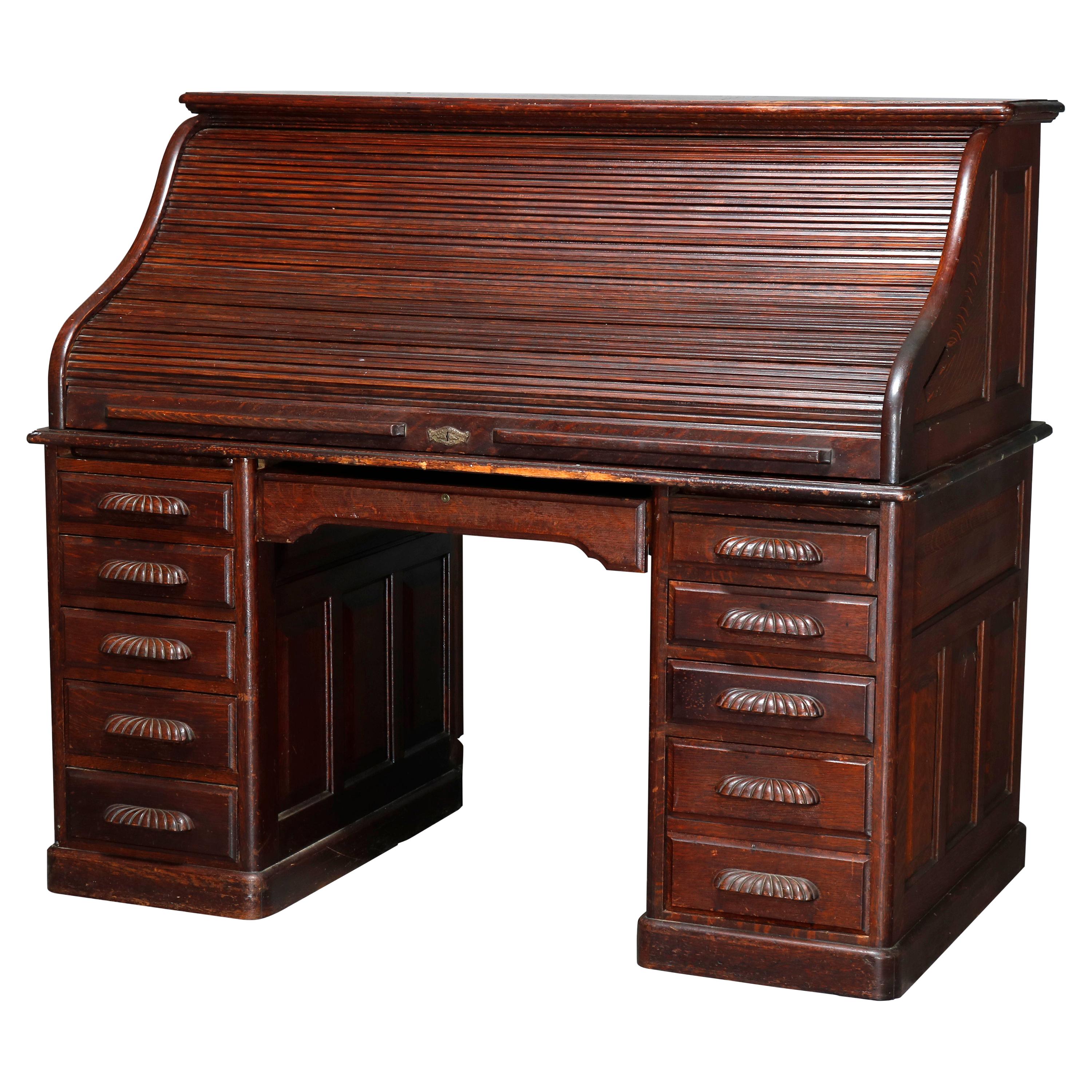 Antique Carved Oak S-Roll Top Desk by EH Staffordshire, c1900