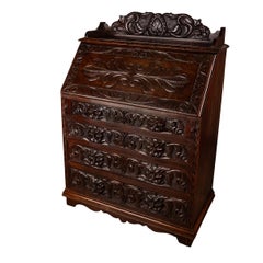 Antique Carved Oak Scottish Arts & Crafts Green Man Desk Bureau Dresser 1880