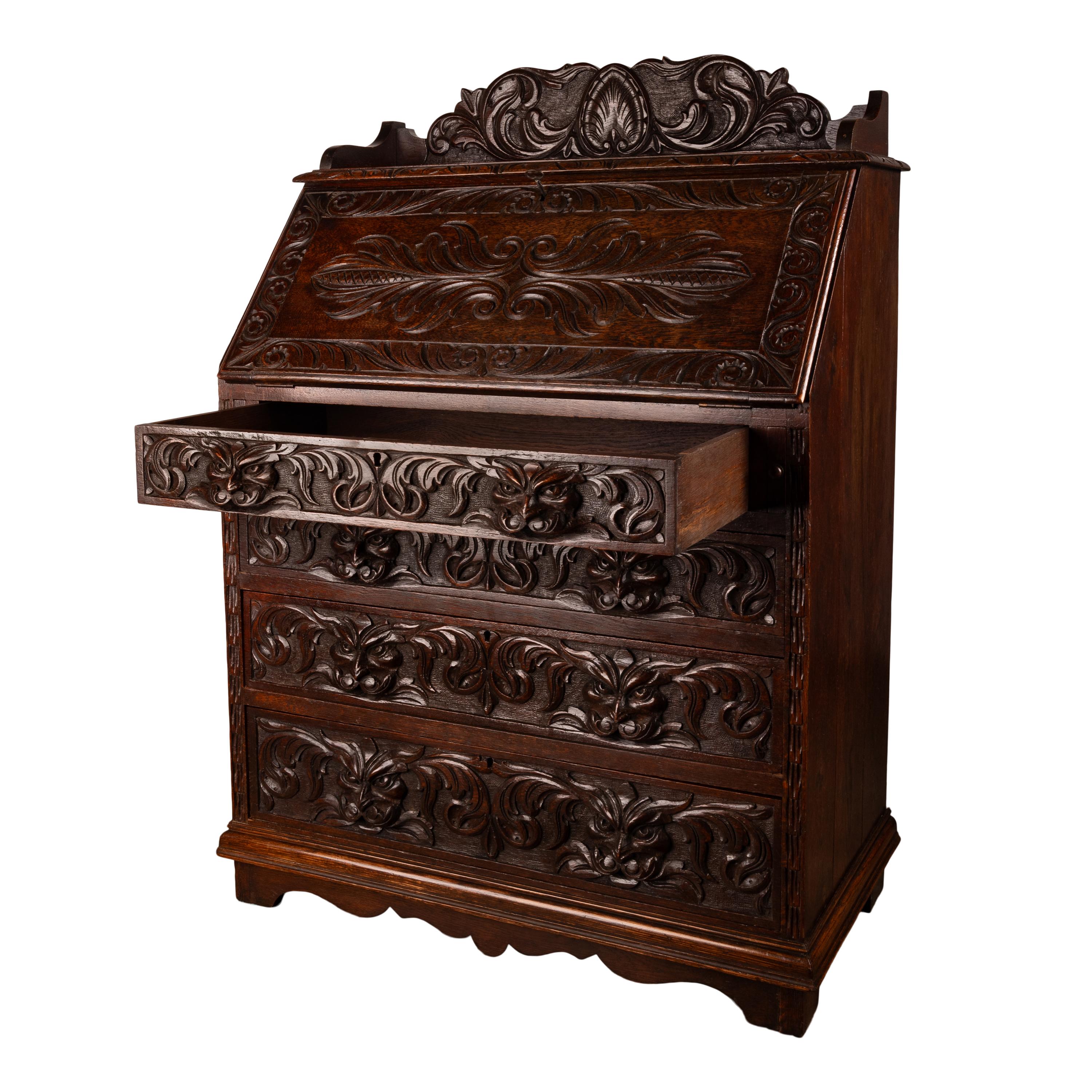 Antique Carved Oak Scottish Arts & Crafts Green Man Desk Bureau Dresser 1880  For Sale 1