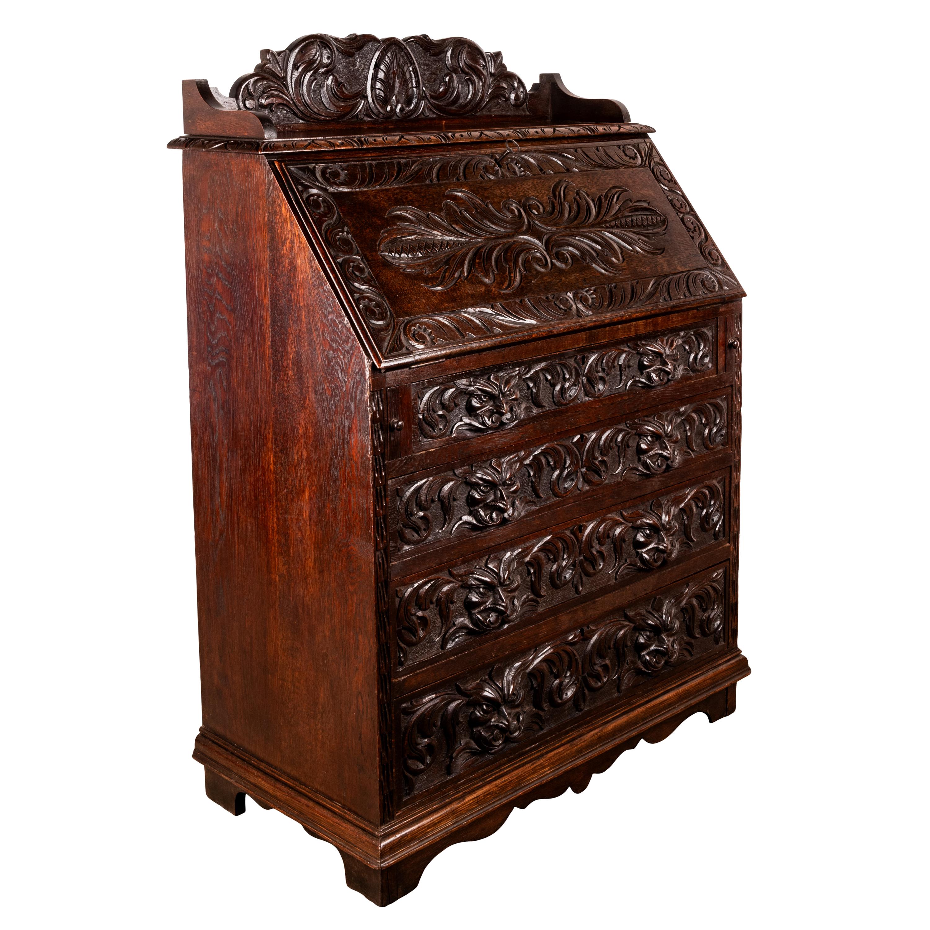 Antique Carved Oak Scottish Arts & Crafts Green Man Desk Bureau Dresser 1880  For Sale 2