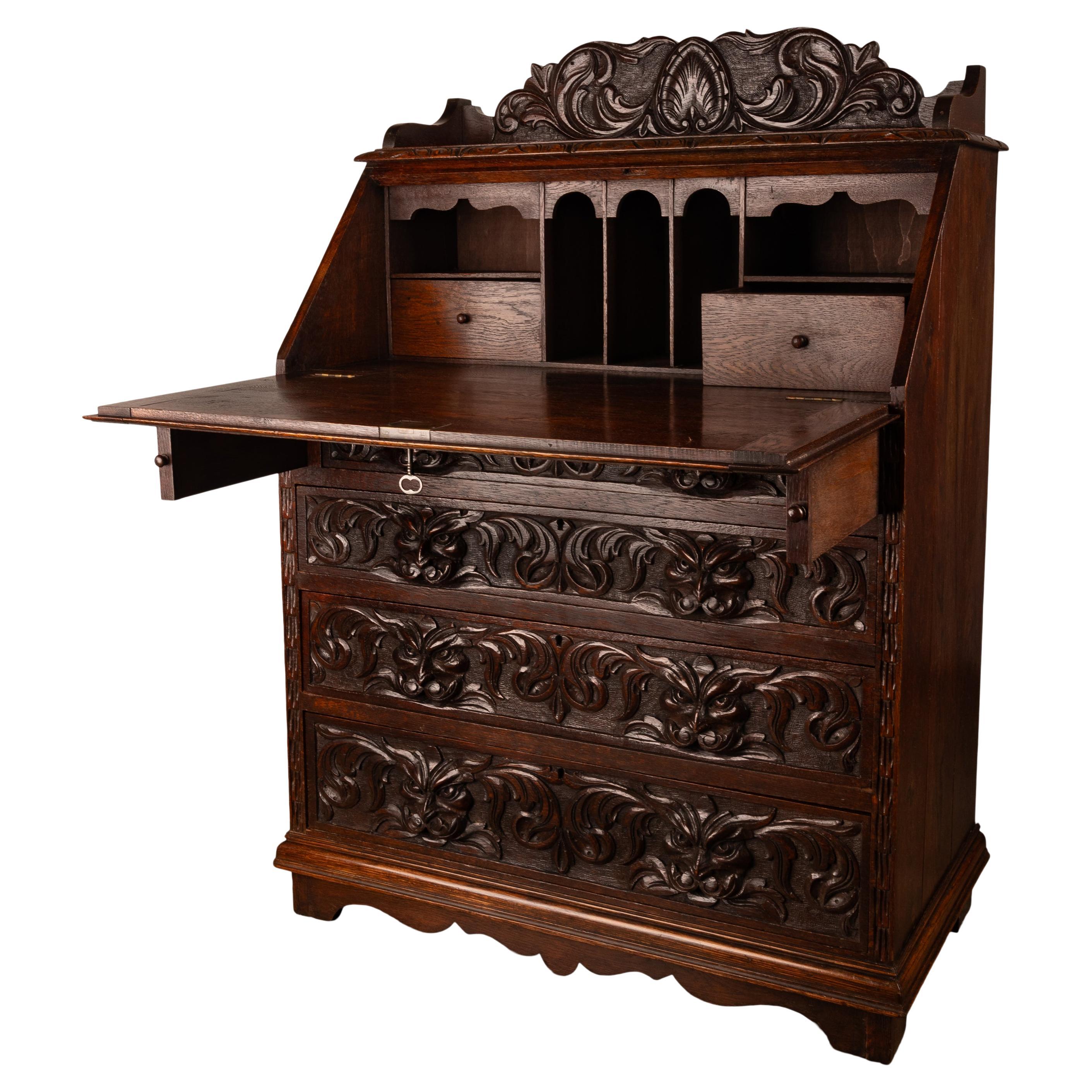 Antique Carved Oak Scottish Arts & Crafts Green Man Desk Bureau Dresser 1880  For Sale