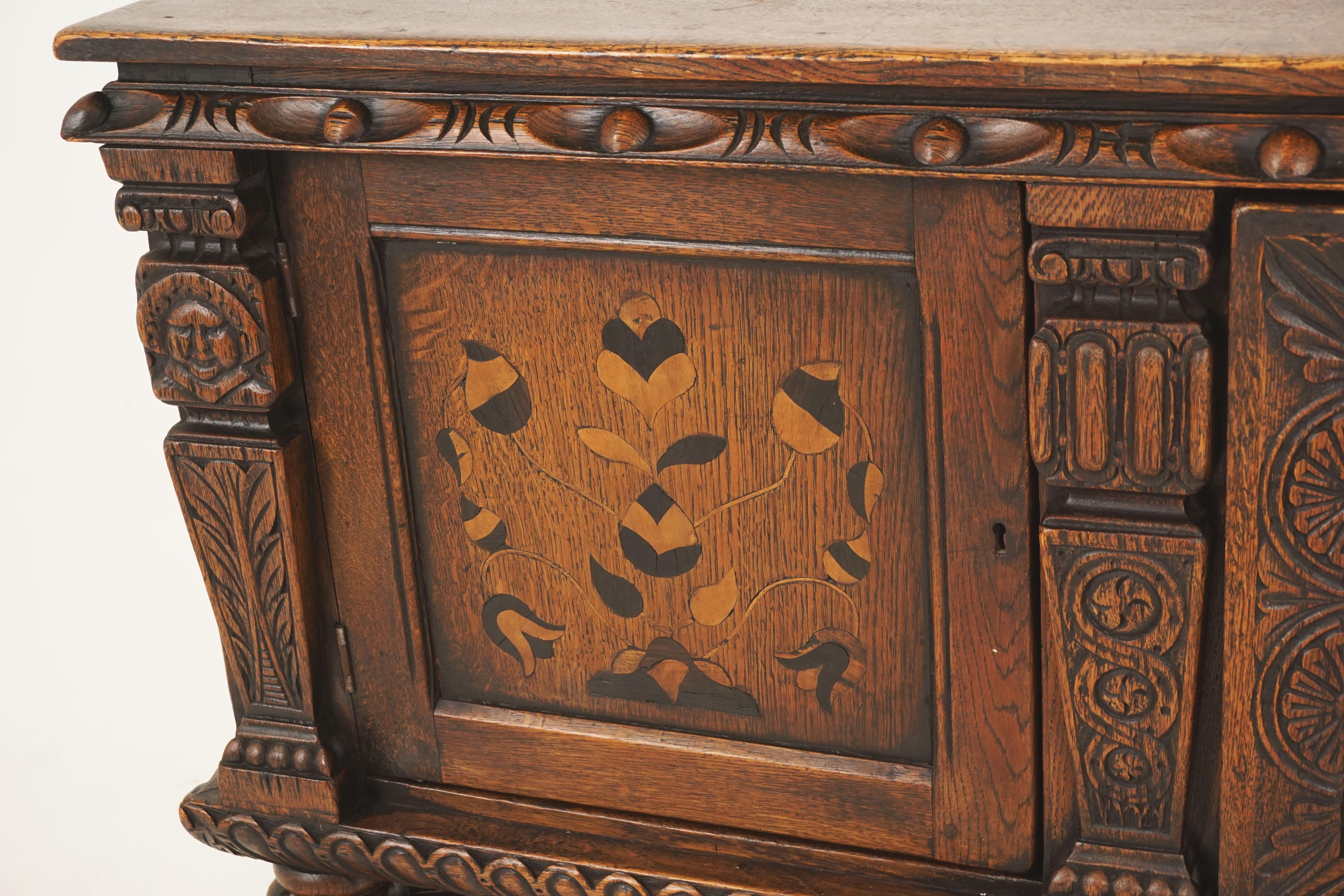 Early 20th Century Antique Carved Oak Sideboard, Inlaid Buffet, Scotland 1910, B2528