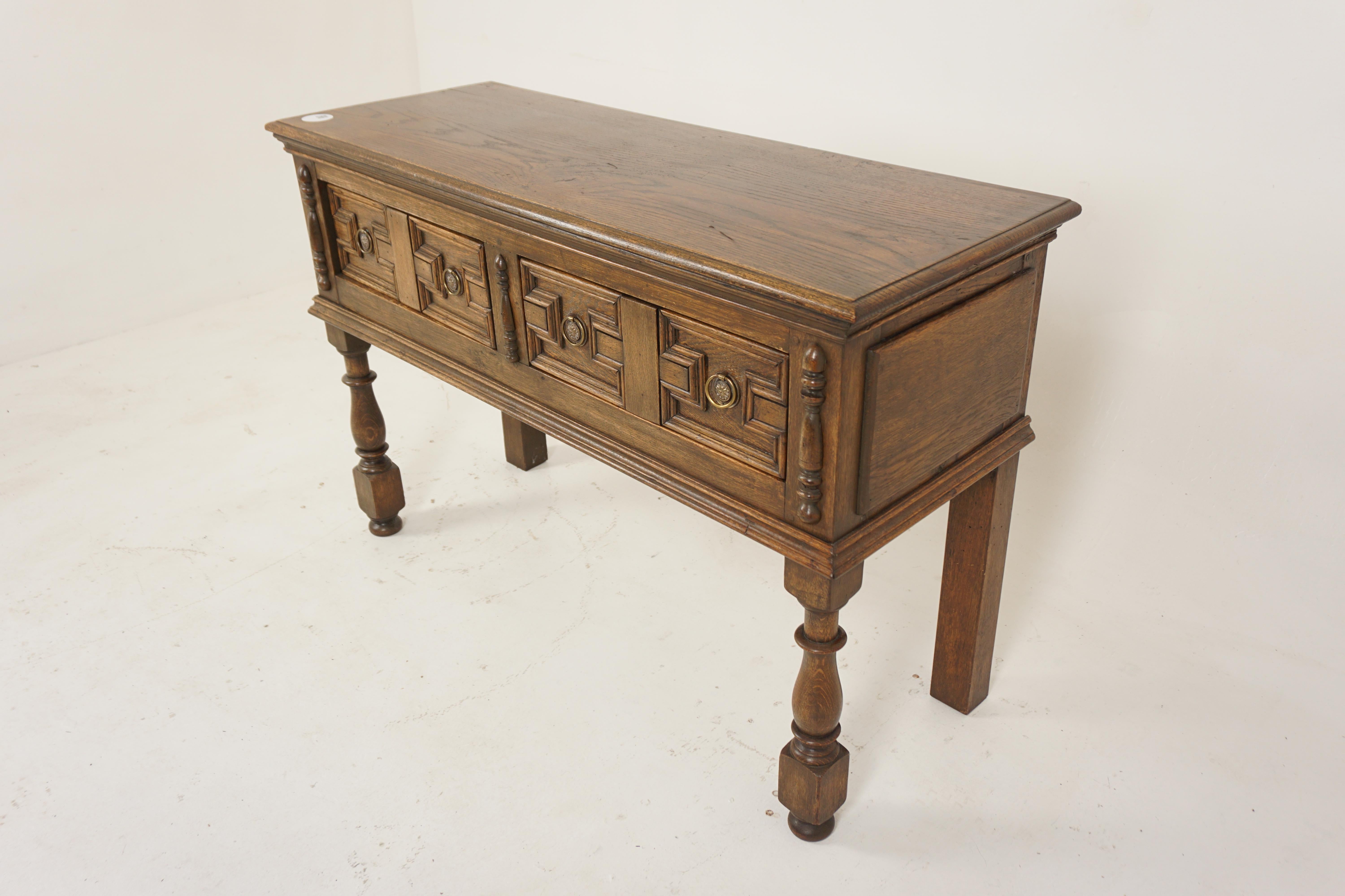 Antique carved oak sideboard, server, hall table, sofa table, Scotland 1910, H690

Scotland 1910
Solid Oak
Original Finish
Rectangular moulded top
Above a pair of geometric moulded drawers
Original brass pulls
Standing on turned front legs and flat