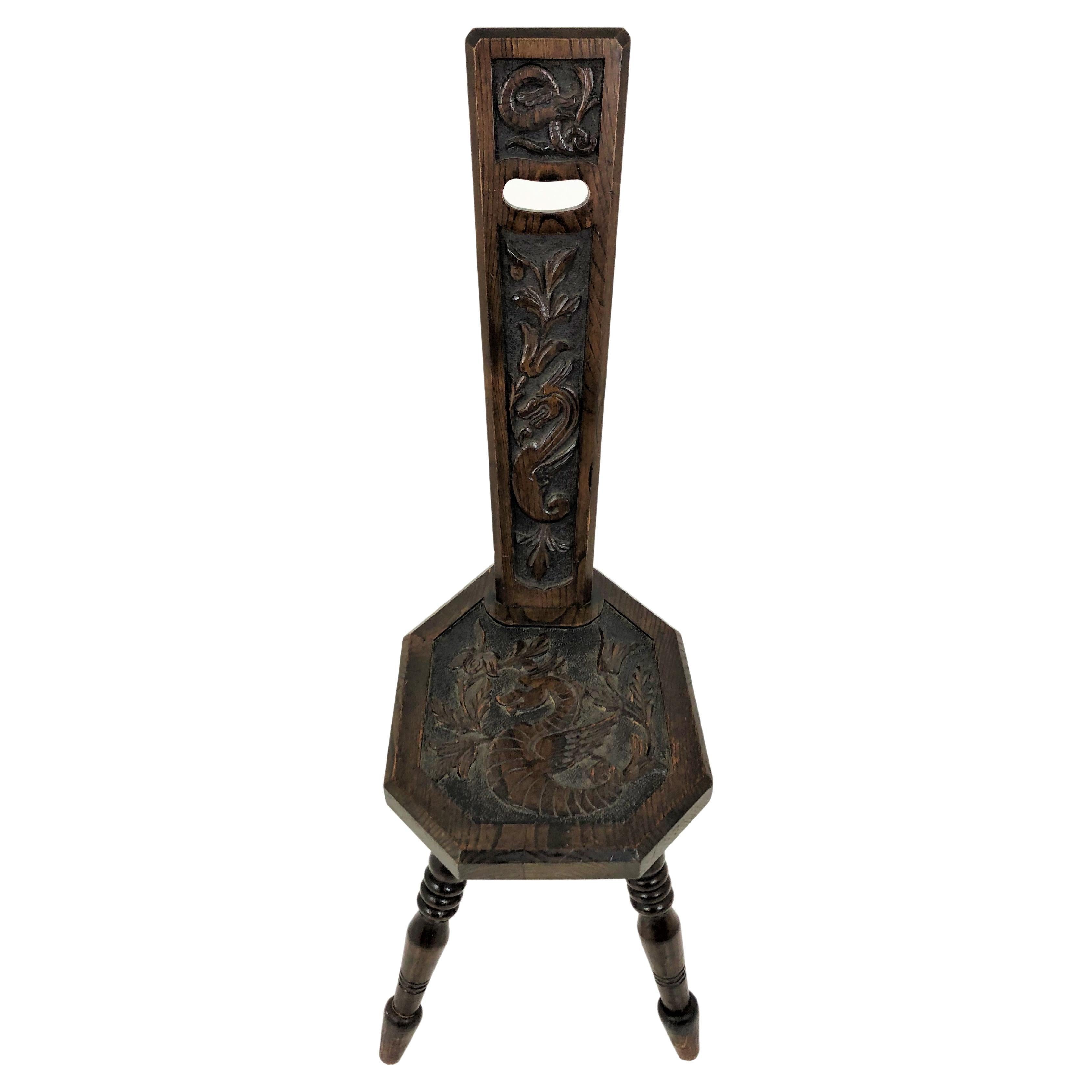 Antique Carved Oak Spinning Chair, Plant Stand, Scotland 1880