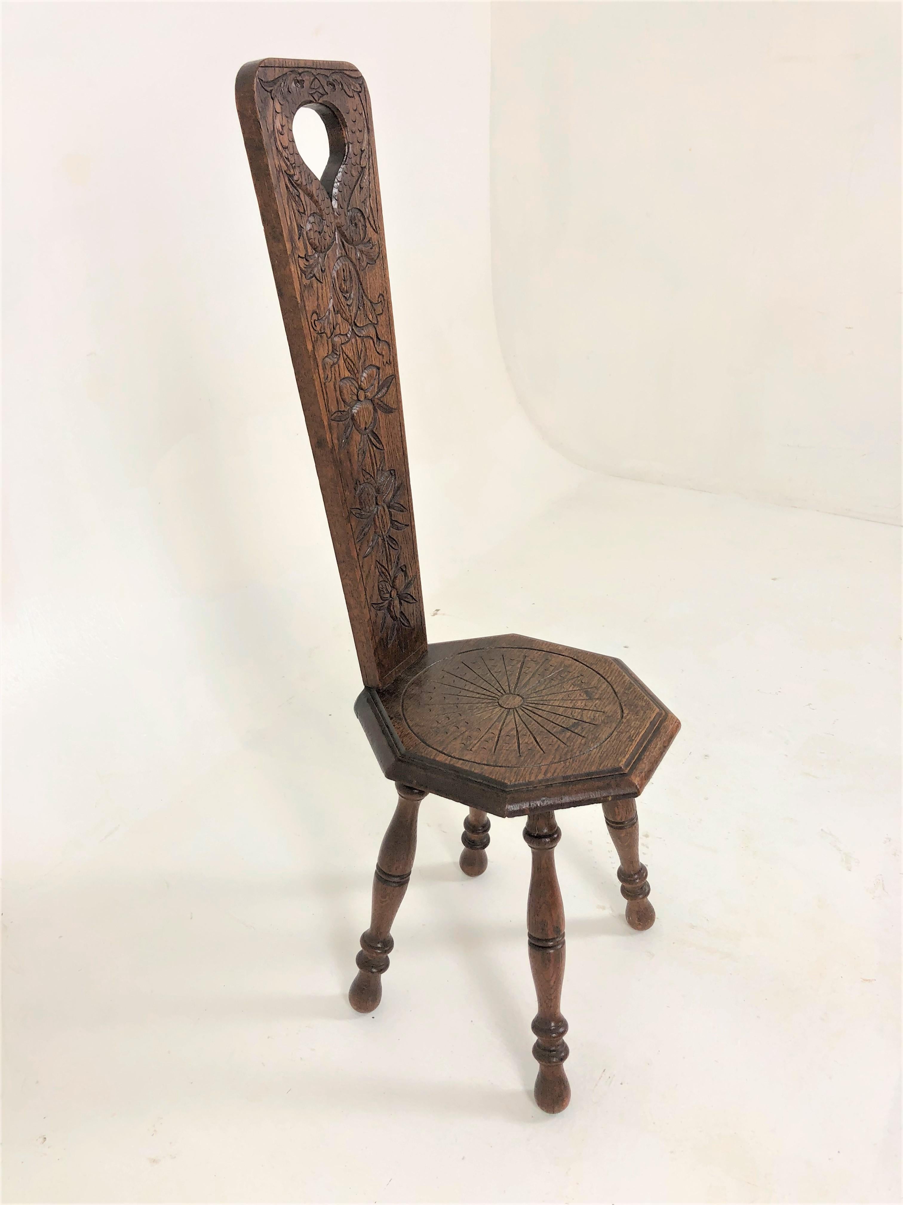 Antique Carved Oak spinning chair, Plant stand, Scotland 1890, H711

Scotland 1890
Solid Oak
Original finish
Carved Shaped back with hand painted floral design
Tall Carved floral back with a pierced handle
Carved Octagonal seat
Raised on four turned