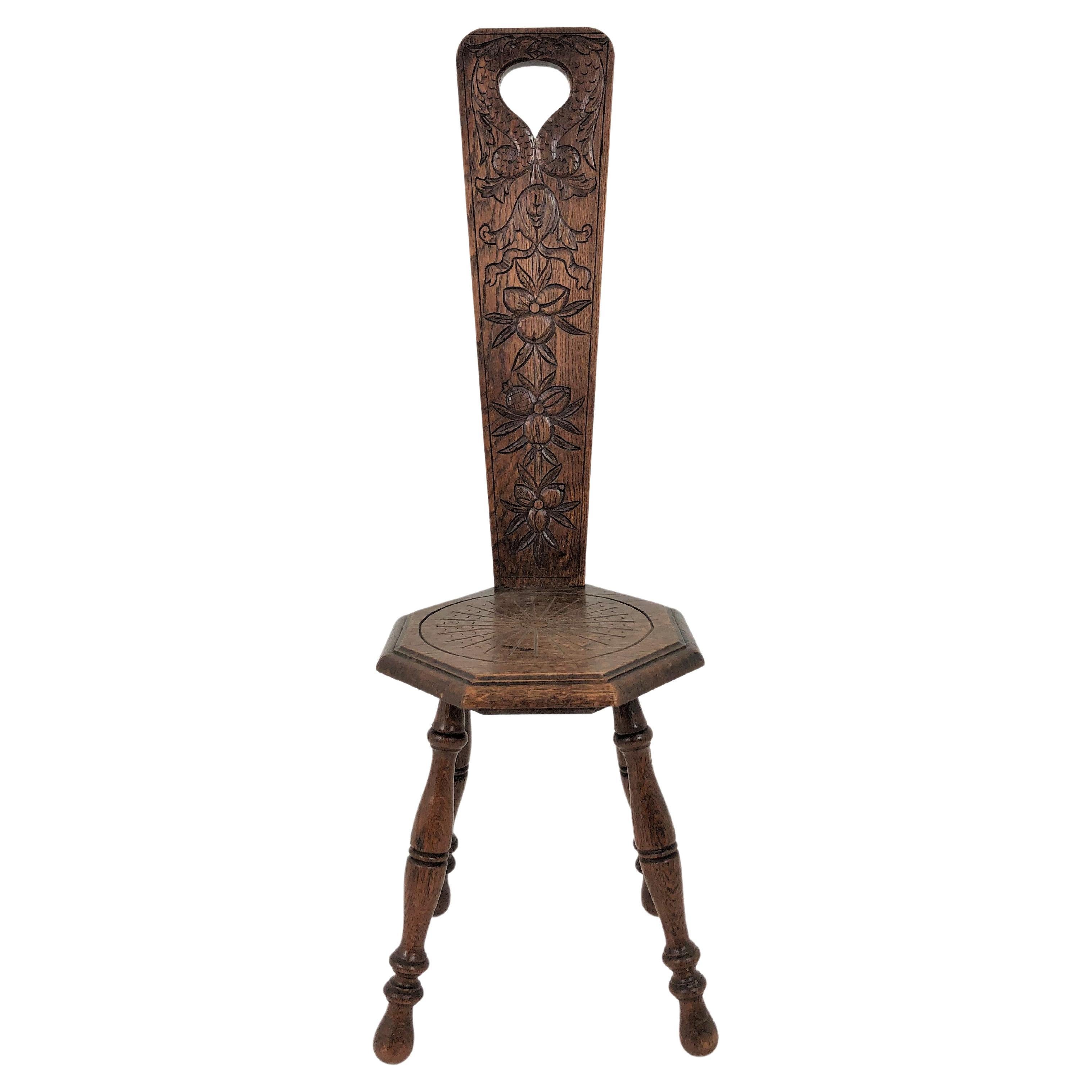 Antique Carved Oak Spinning Chair, Plant Stand, Scotland 1890, H711