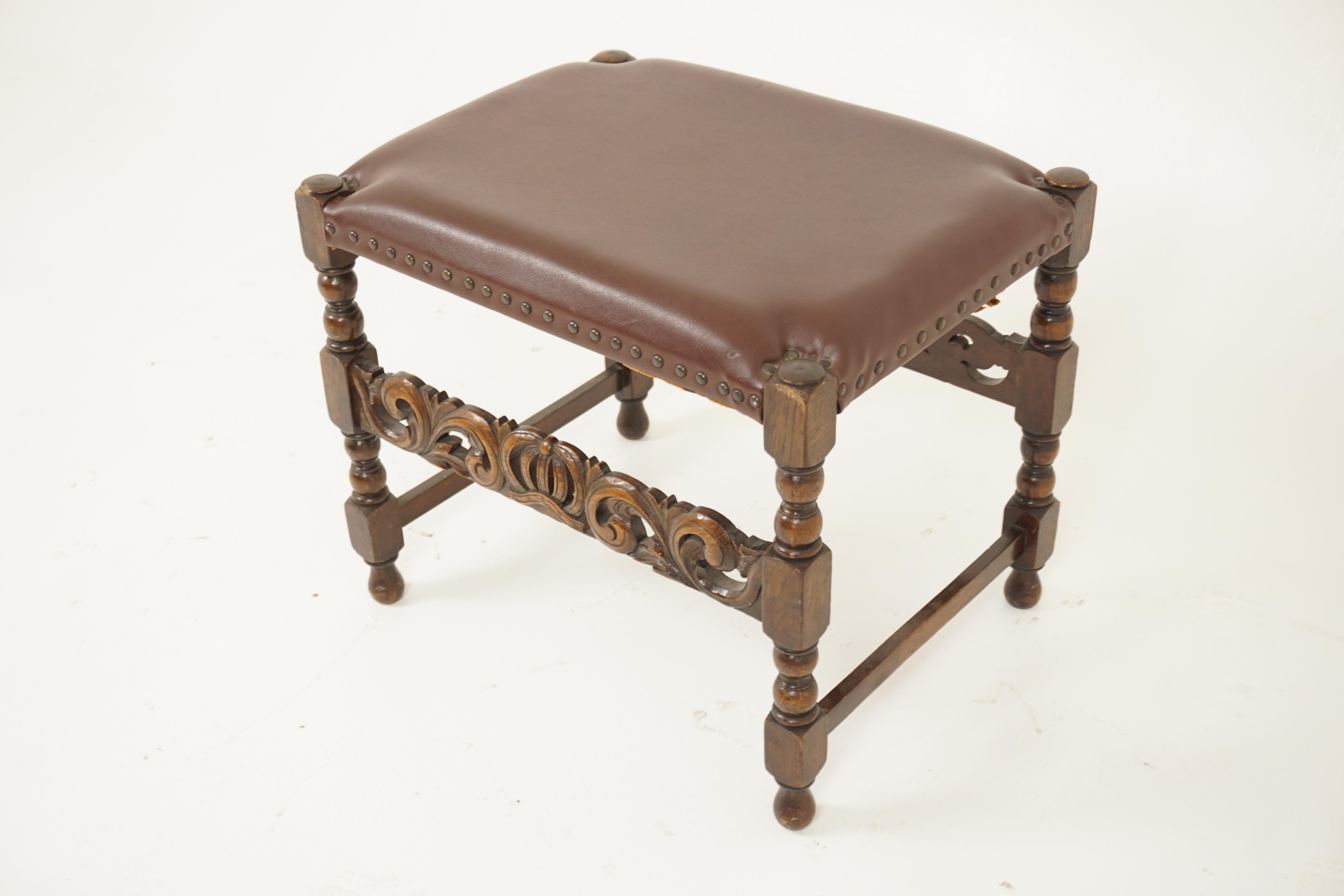 Antique Carved Oak Stool, Bench, Footstool, Scotland 1920, H1155

Scotland 1920
Solid Oak
Original finish
Rectangular vinyl seat with studs
All standing on turned legs and connected by a pair of carved cross stretchers
Lovely quality and in good