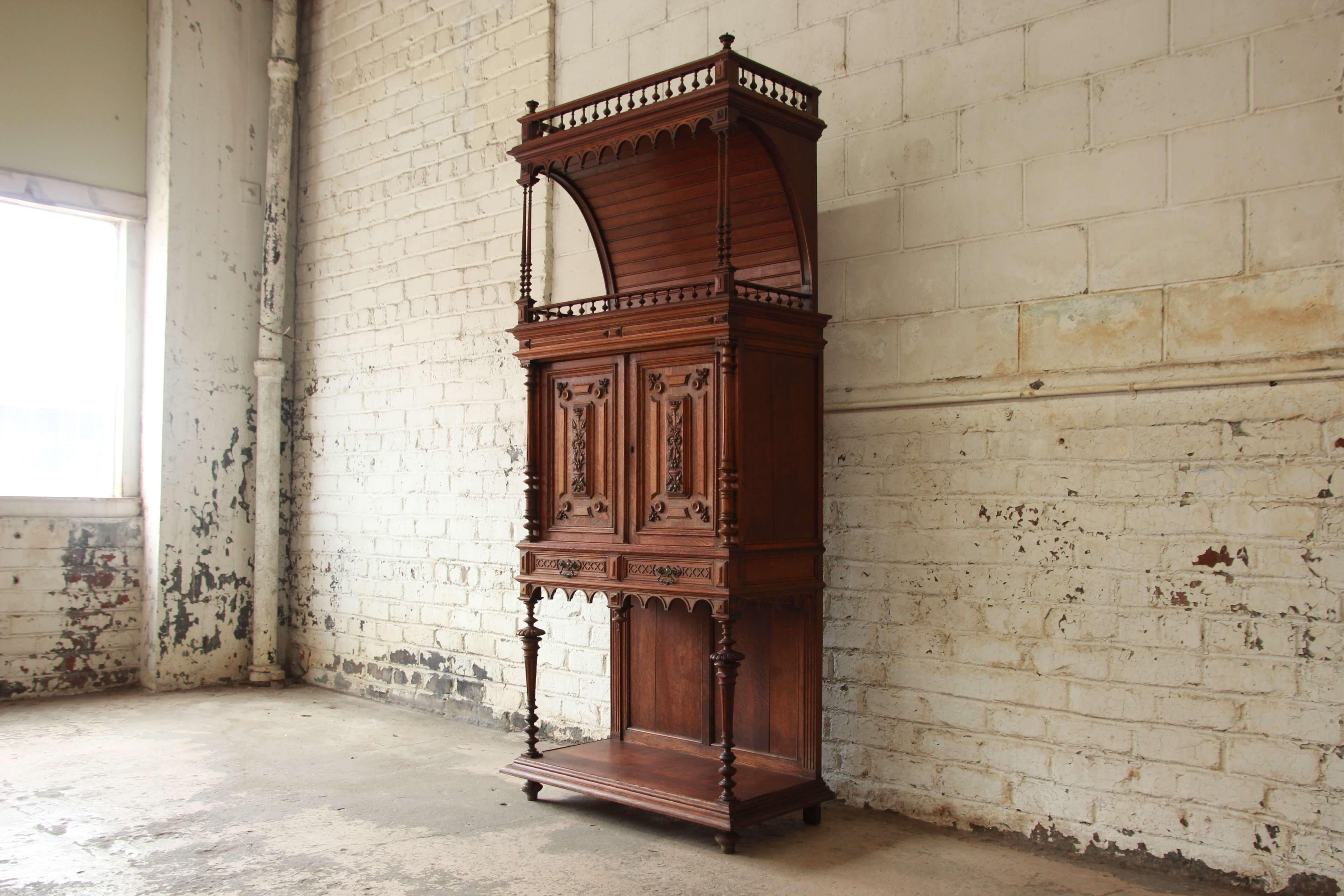 French Provincial Antique Carved Oak Tall French Bar Cabinet