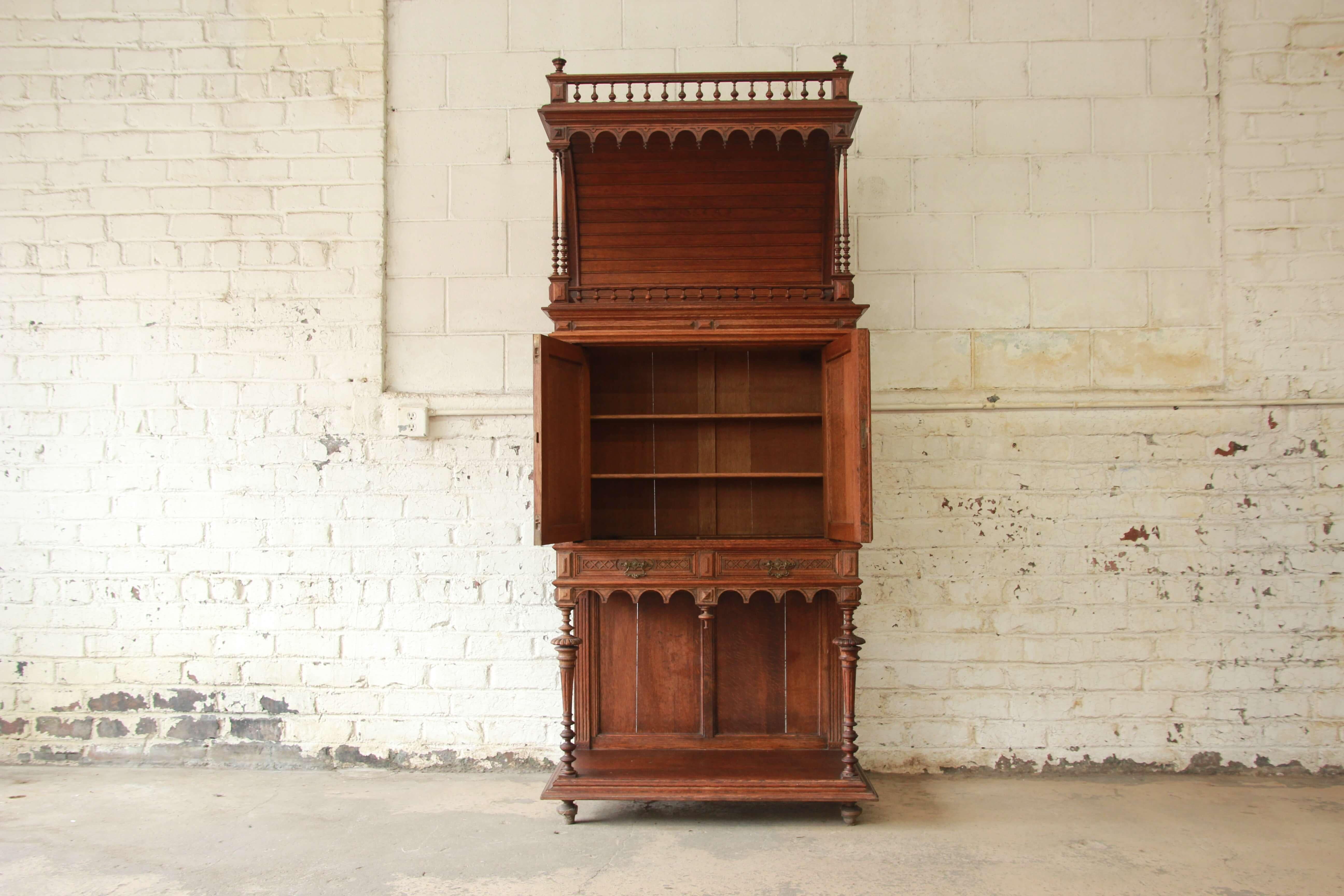 Antique Carved Oak Tall French Bar Cabinet In Good Condition In South Bend, IN