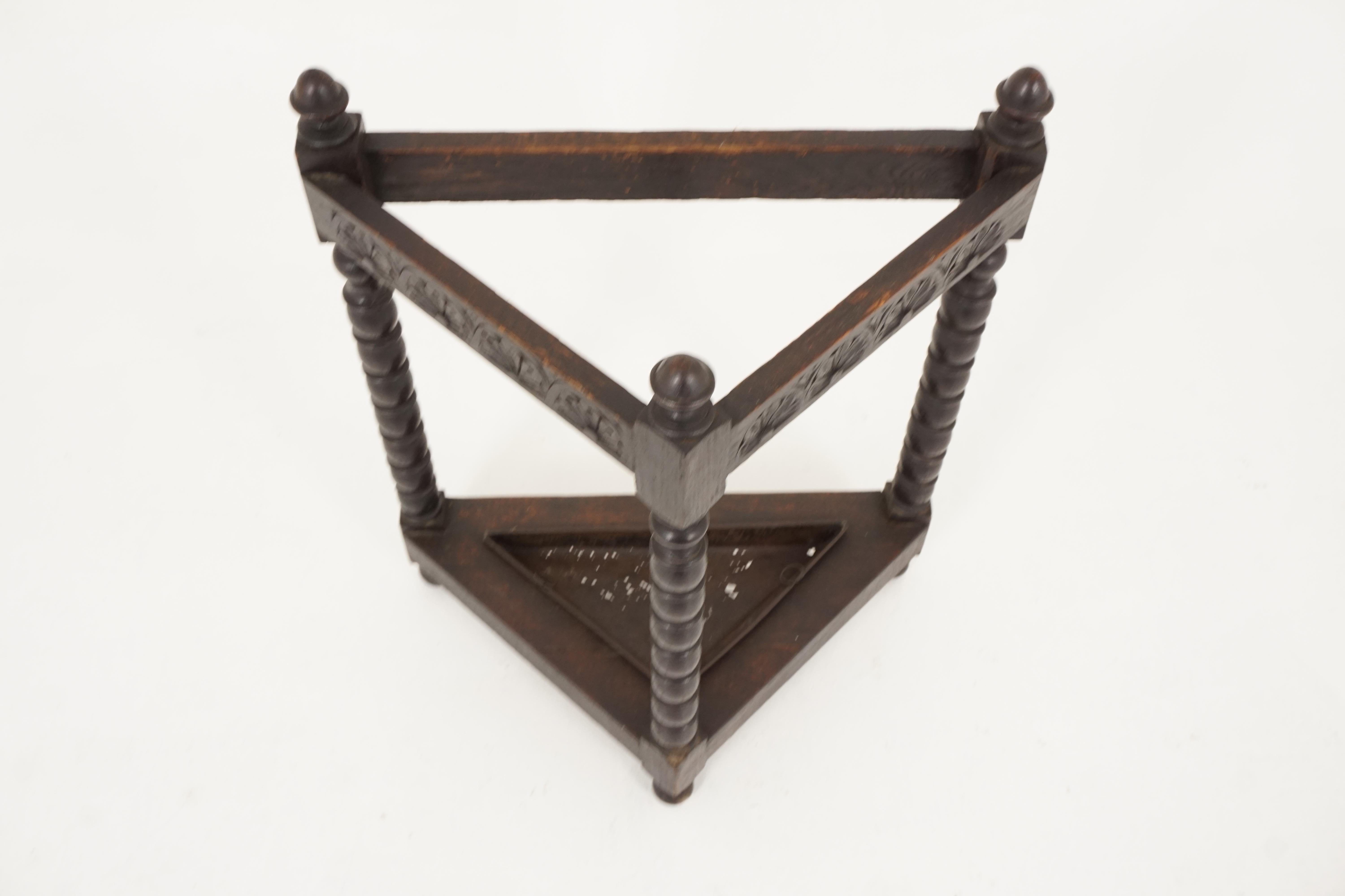 Antique Carved Oak Triangular Stick Stand and Tray, Scotland 1890, B2242 In Good Condition In Vancouver, BC