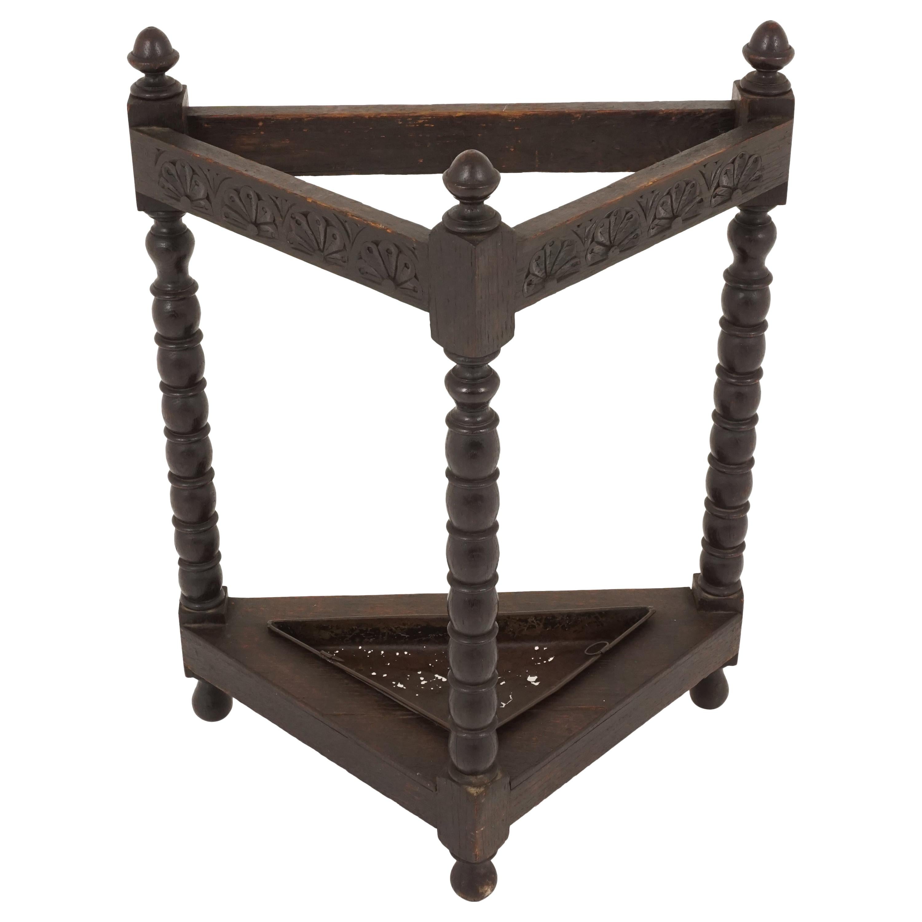 Antique Carved Oak Triangular Stick Stand and Tray, Scotland 1890, B2242